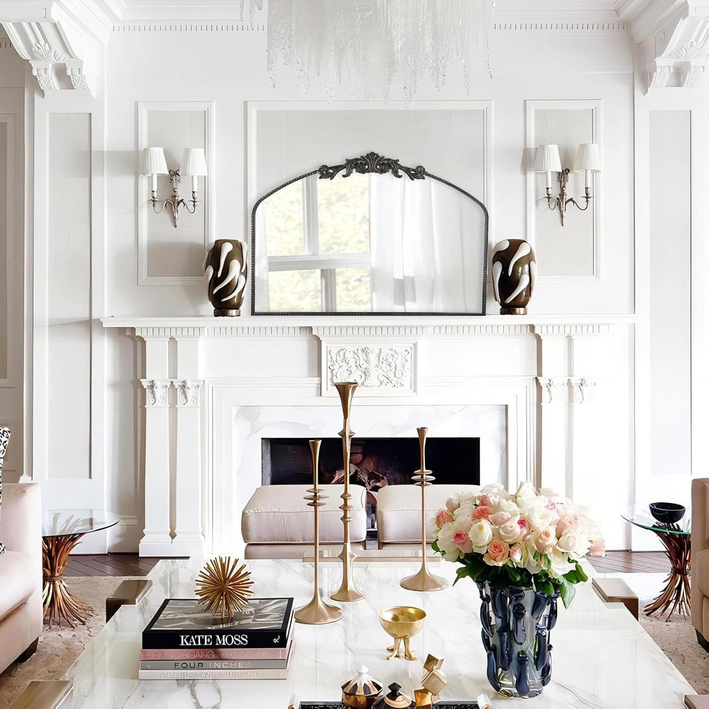 AIXI HOME Vintage Black Arched Mirror 36"X29", Antique Baroque Mantel Wall Mirror with Black Brush Gold Metal Ornate Frame for Entryway/Fireplace/Living Room/Hallway/Bathroom/Bedroom