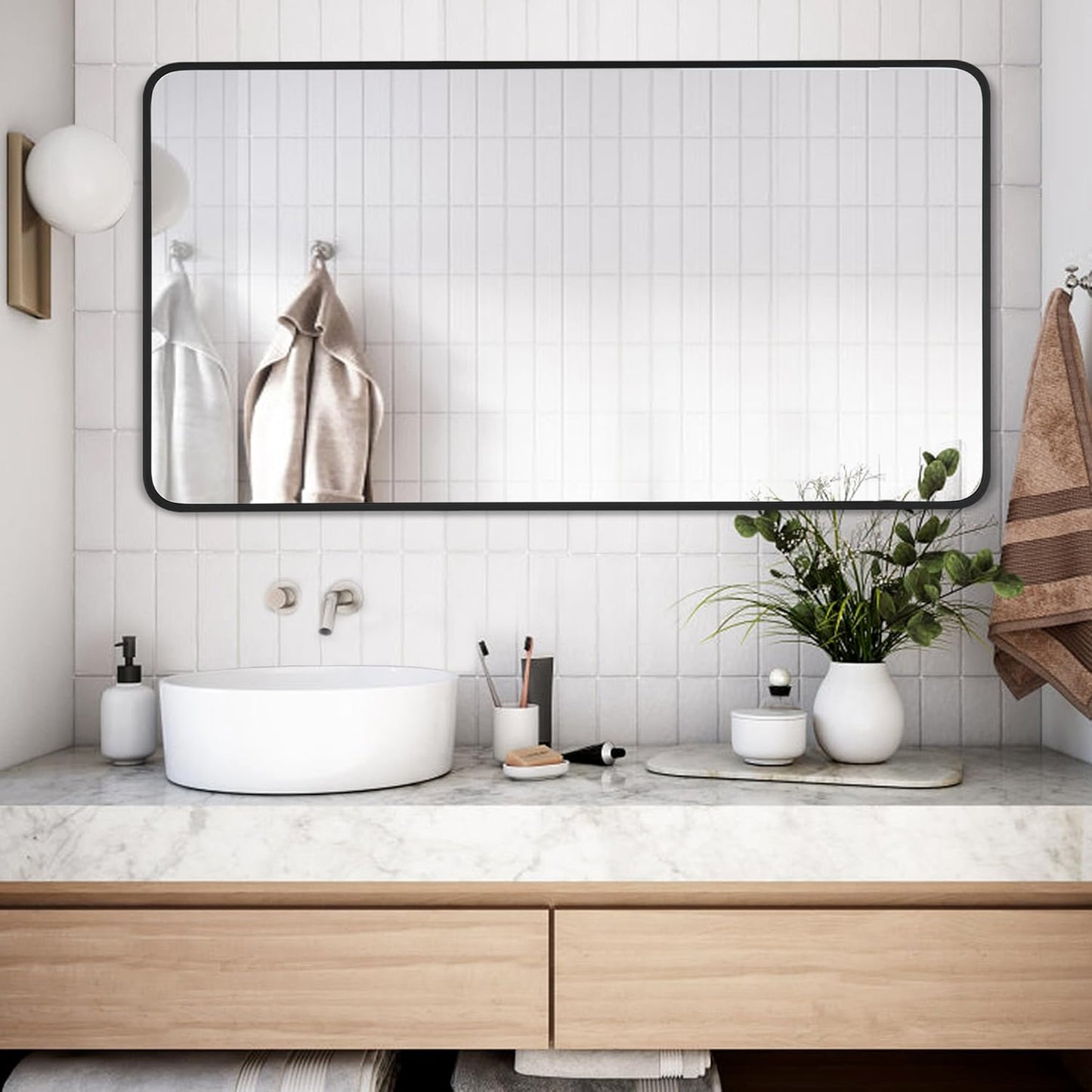 20x40 Inch Rectangle Bathroom Mirror with Black Metal Frame, Rounded Corner Rectangular Vanity Mirror for Wall, Modern Large for Bedroom, Living Room, Horizontal or Vertical