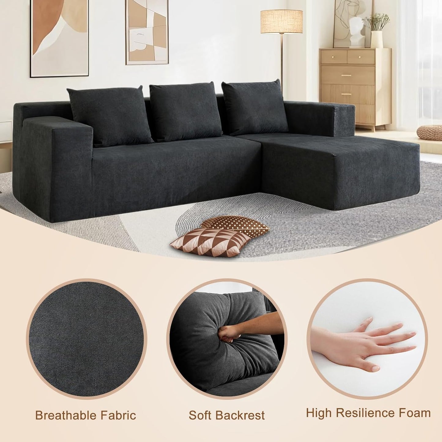 103" Cloud Sectional Sofa, Boneless L-Shape Couch with Chaise, Modern Minimalist Modular Couch for Living Room, Free Combination, Deep Seat, No Assembly Required, Dark Grey, R