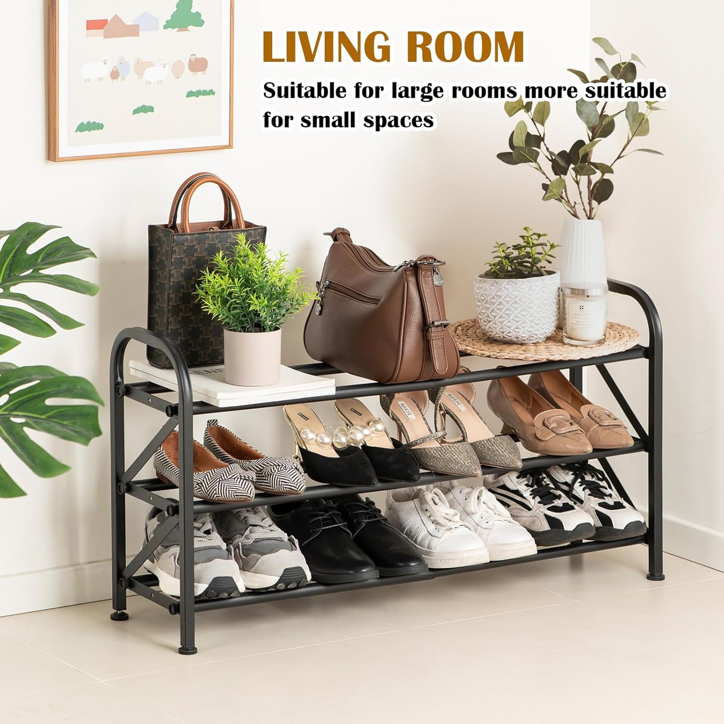 3-Tier Expandable Shoe Rack for Closet，Adjustable Shoe Rack，Black Metal Free Standing Shoe Rack for Entryway Closet Doorway
