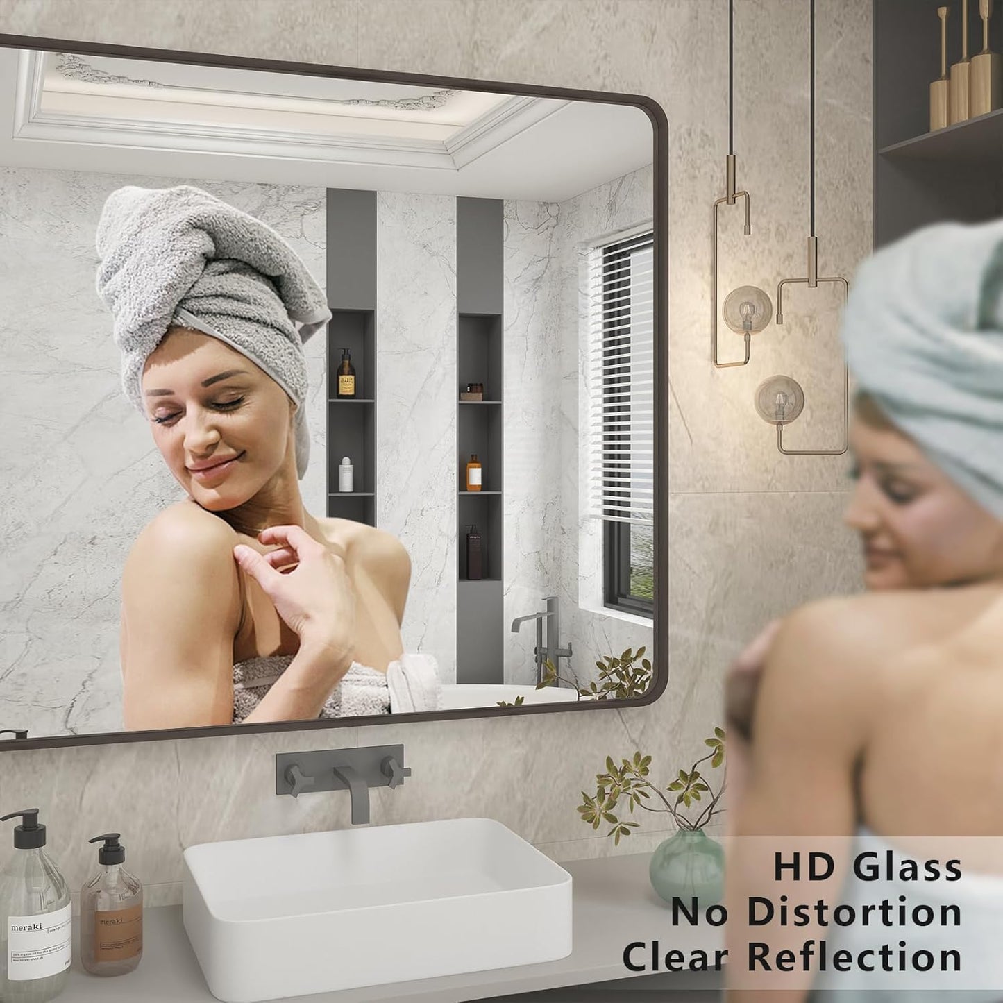 50x40 Inch Bronze Metal Framed Bathrrom Mirror, Brushed Metal Bathroom Vanity Mirrors for Wall, Rounded Corner Bronze Rectangle Mirror for Farmhouse, Bedroom, Anti-Rust (Horizontal/Vertical)