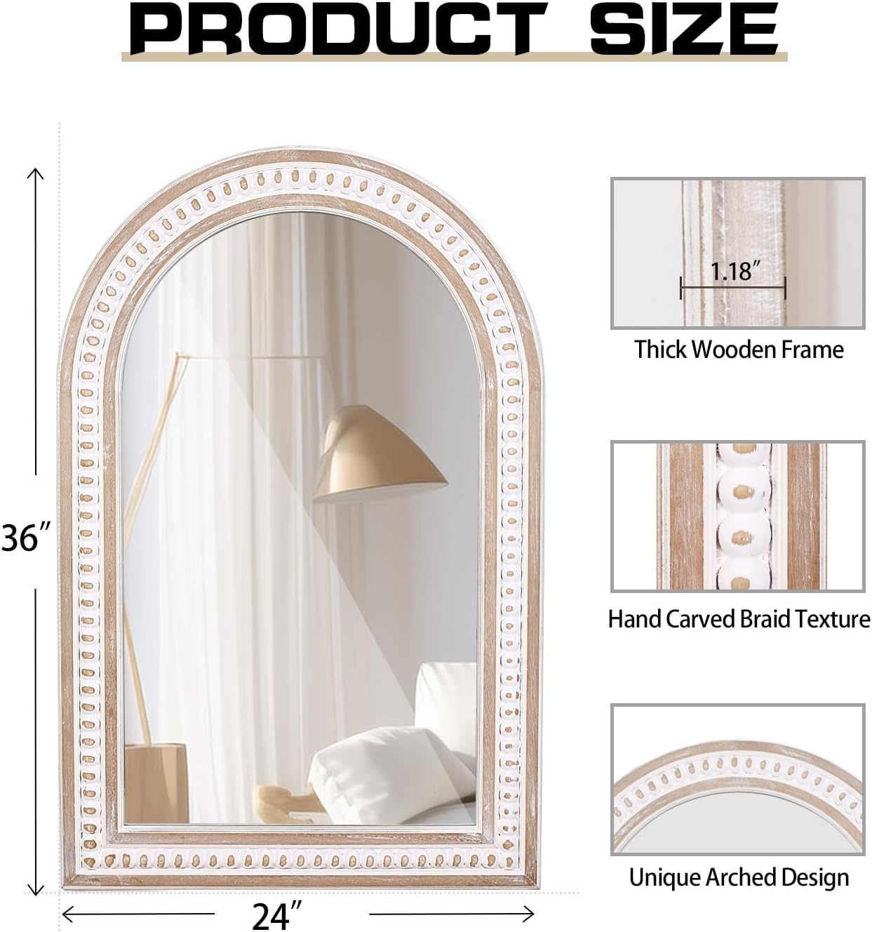36x24 Boho Wooden Arched Wall Mirror with Beaded, Rustic Farmhouse Decorative Arch Mirrors for Bathroom Vanity, Living Room, Entryway, or Foyer