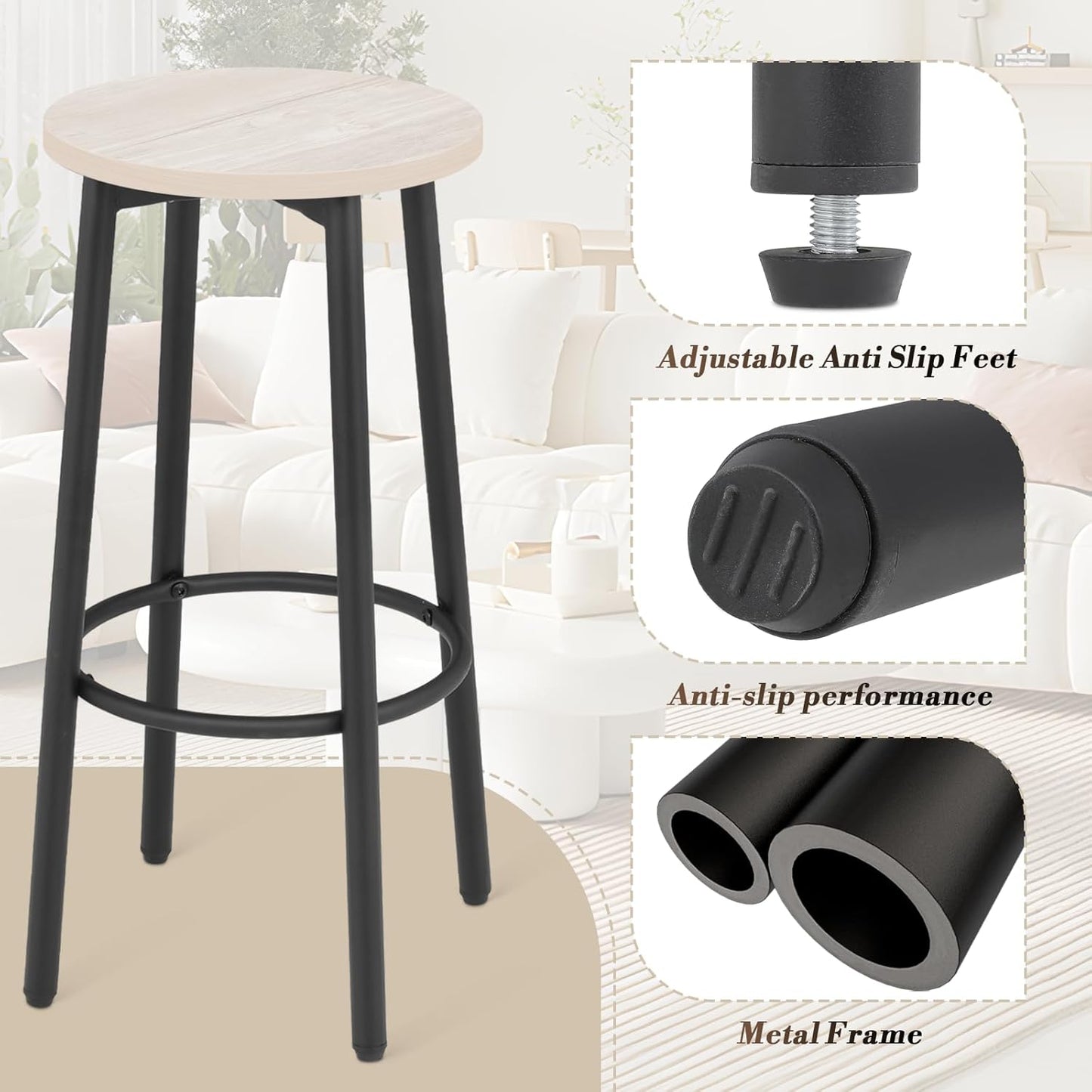 Athena Collection Bar Stools Set of 2, 25.5 Inches Round Counter Height Bar Stools Backless with Metal Legs and Footrest, Wood Barstools for Home, Kitchen Island, Counter, Grey