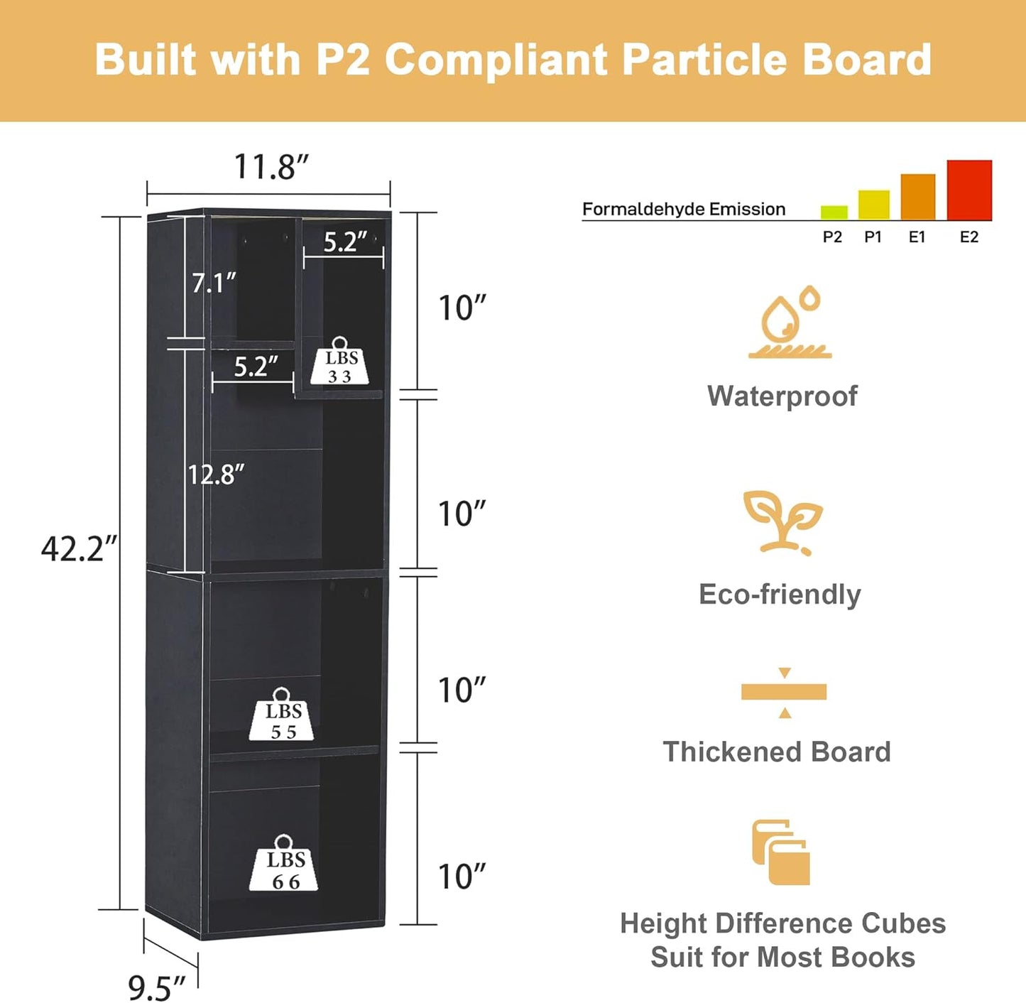 VECELO 4-Tier Slim Bookcase, Modern Storage Cabinet, Slim Bookshelf, Fits Tallest Hardcover, 5 Cubes, Vertical or Horizontal, Easy Assembly, Black