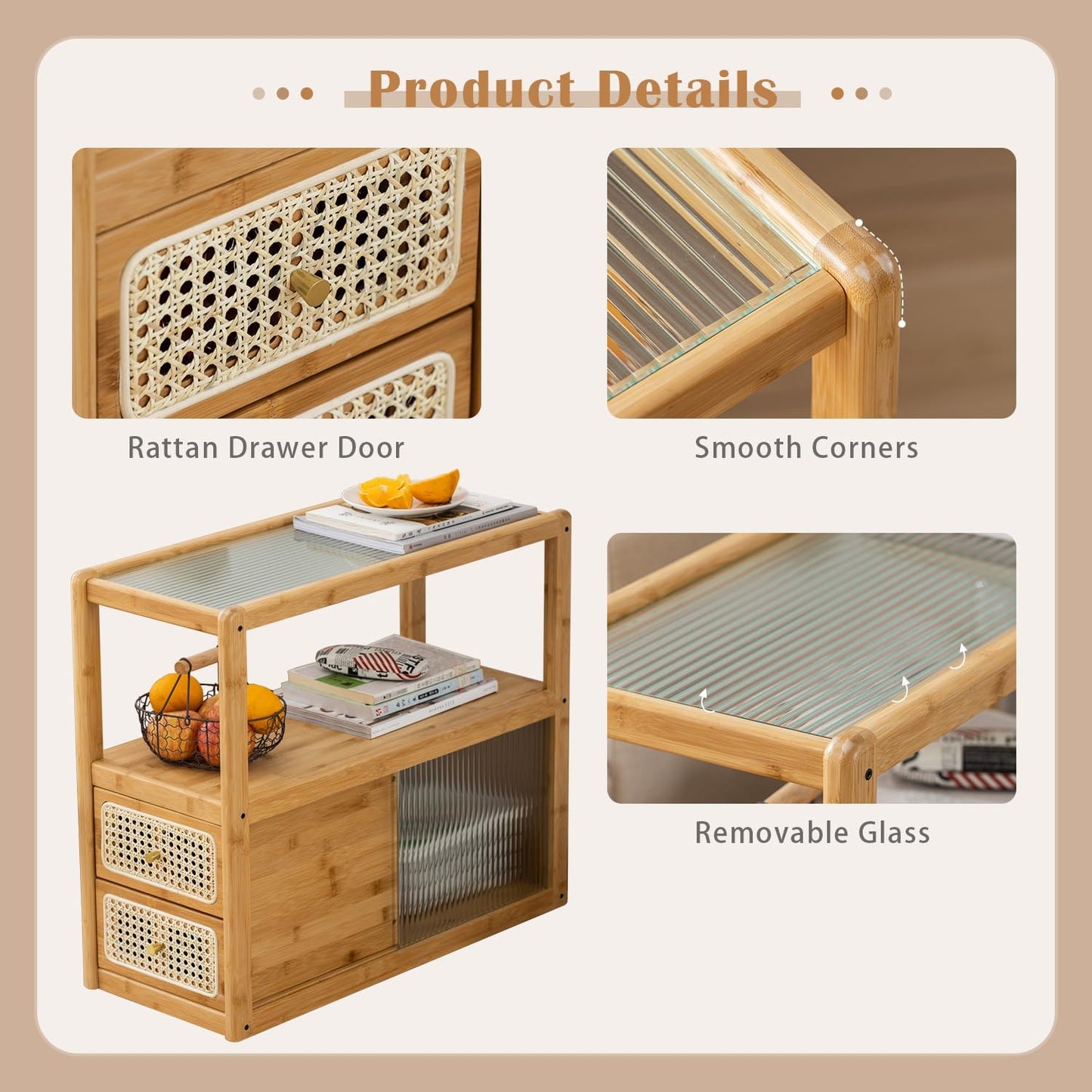Bamboo Side Table Nightstand with Rattan Drawer & Glass Top – Multi-Function End Table, Nightstands with Storage for Bedroom, Living Room, and Small Spaces, Nature