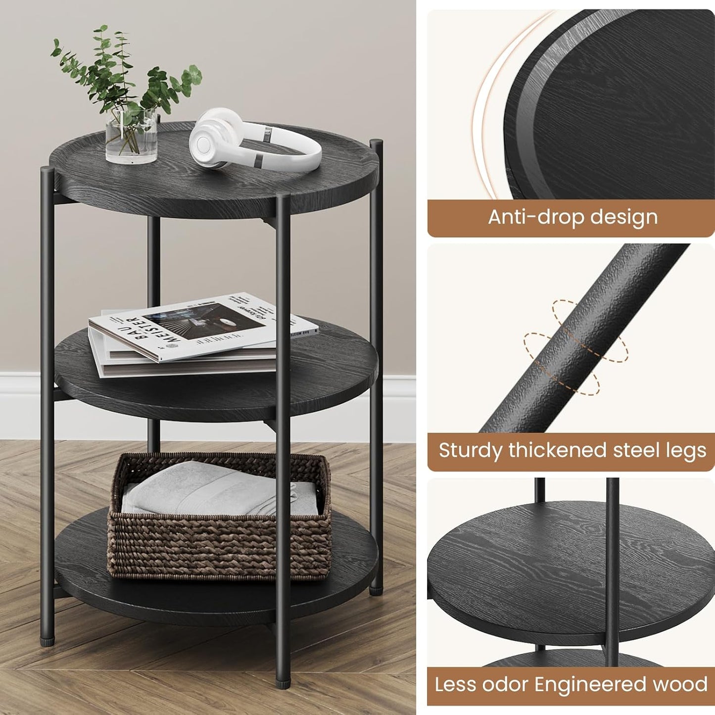 Side Table, 3-Tier Modern End Table with Wheels, Small Round Nightstand Bedside Table for Living Room, Bedroom, or Small Spaces-Black
