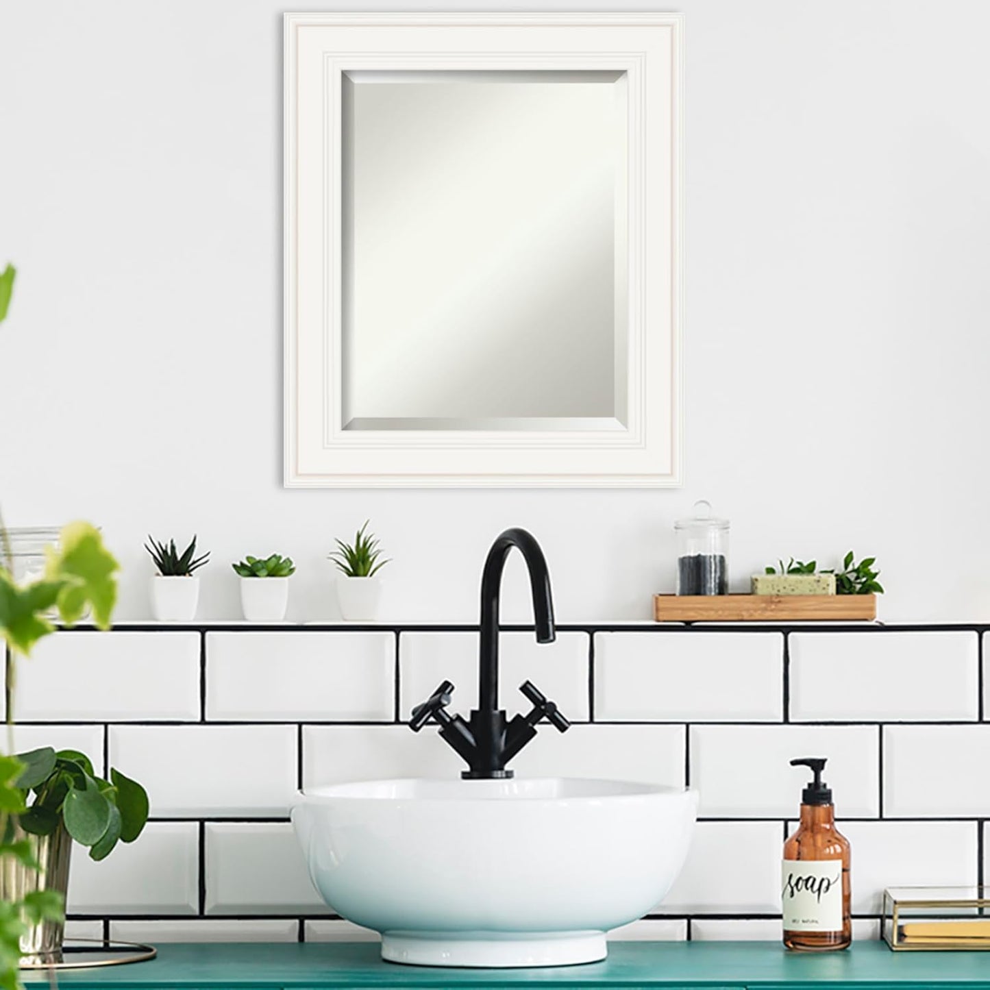 Amanti Art White Bathroom Mirror for Over Sink, 26x22 Ridge White Rectangle Vanity Mirror, Small Traditional Frame, Hangs Horizonally and Vertically, Bathroom Wall Decor, Beveled Edge from WI, USA