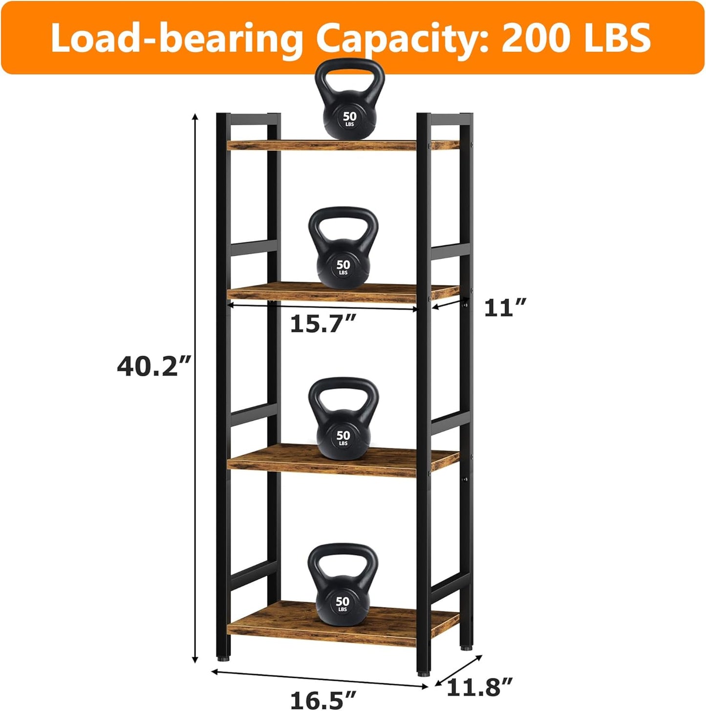 Book Shelf, 4 Tier Bookcase with Steel Frame, Stable Bookshelf Narrow Book Shelves Storage Organizer for Book CD Movie, Open Bookshelves for Living Room, Home Office, Study, Rustic Brown