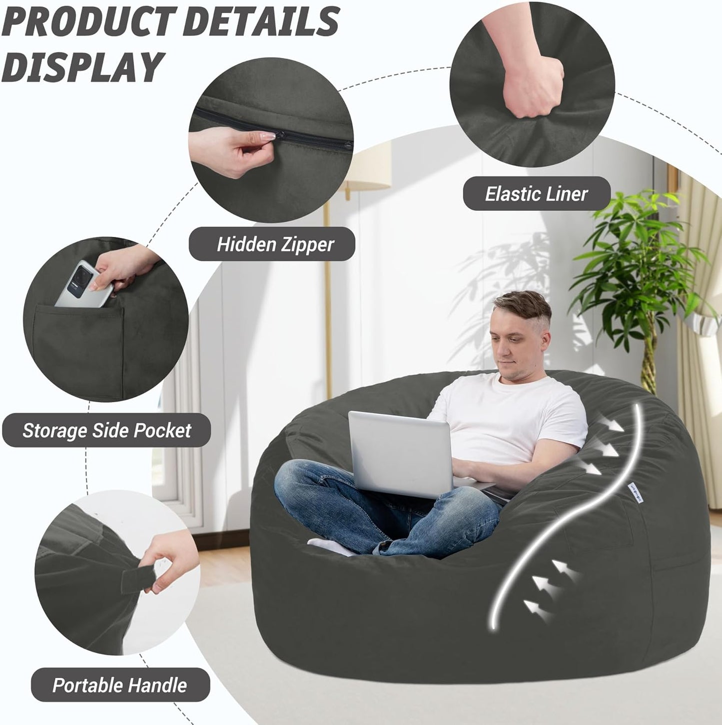 3FT Bean Bag Chair with Ultra Soft Velvet Cover Bean Bag Sofa with Memory Foam Bean Bag Chairs with Large Size Lazy Sofa for Dorm Office Living Room Bedroom Grey 3'