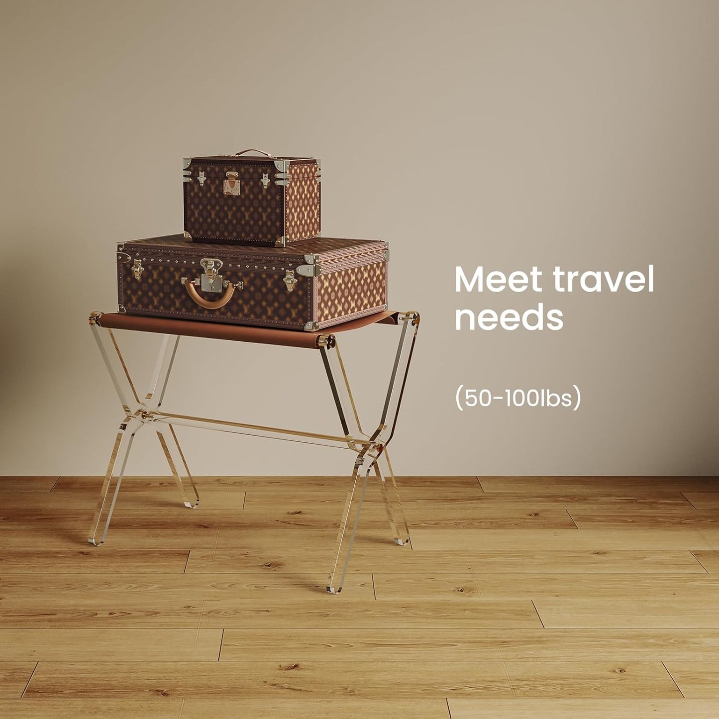 Sumerflos Acrylic Luggage Rack for Guest Room - Foldable Suitcase Stand with Leather Straps for Bedroom Living Room Hotel Heavy-Duty, Holds up to 50-100 lb lightweight Space Saving (Brown(whole) - 1 Pcs)