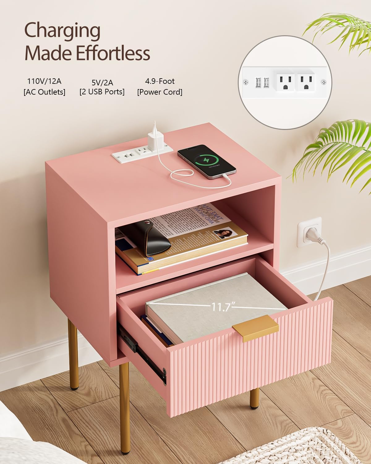 Nightstand,Morden Bedside Table with Gold Frame,Small White Night Stand,End Table,Bedside Furniture,Side Table with Drawer and Shelf for Bedroom,Living Room (1Drawer, Pink-Outlet)