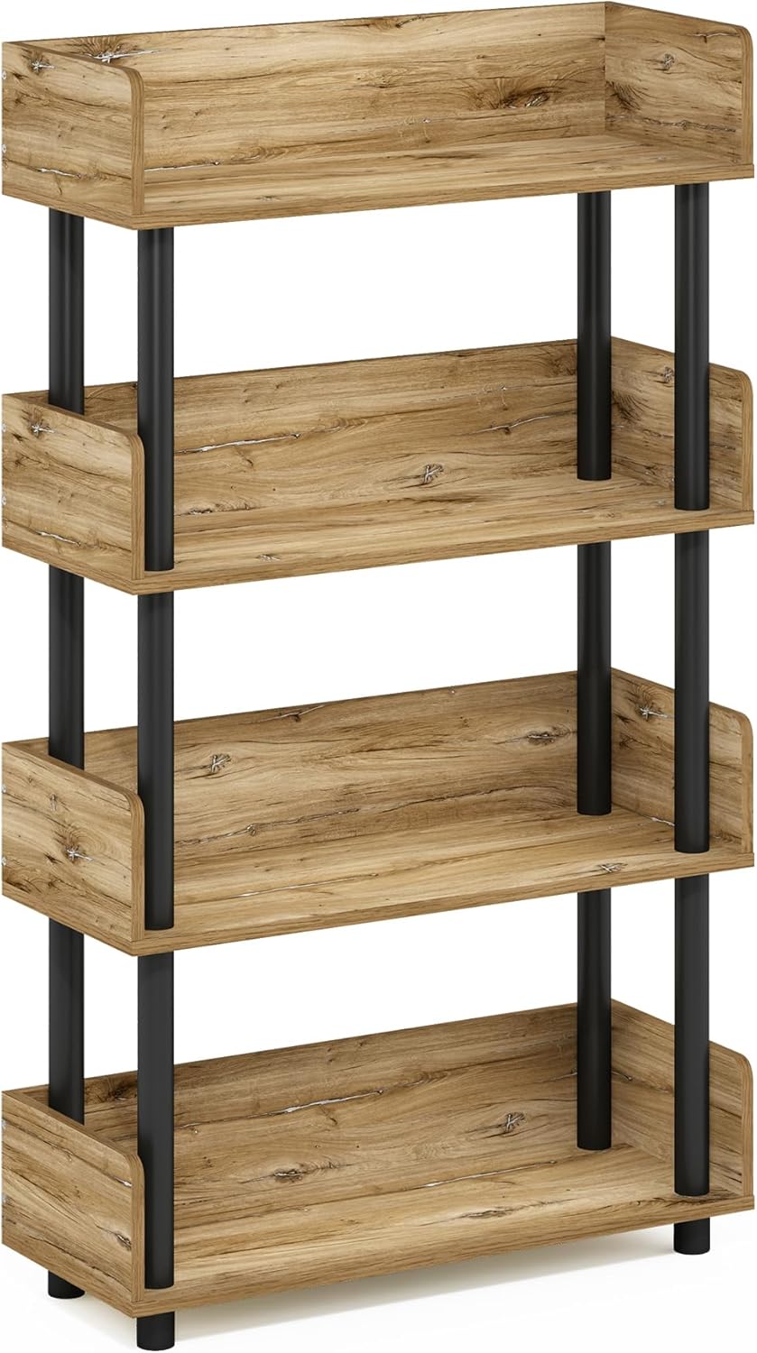 Furinno Turn-N-Tube 4-Tier Multipurposes Display Rack, Open Shelf Rack/Storage with Back & Side Panel, Flagstaff Oak/Black