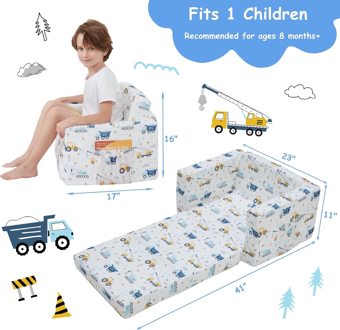 Viviland Kids Chairs for Toddler,2-in-1 Soft Toddler Couch Fold Out,Convertible Soft to Lounger Toddke Chair Comfy for Girls and Boys,White Bottom Excavator