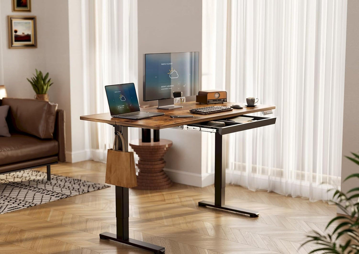 YDN Standing Desk with Drawers, Electric Adjustable Height 55 x 24 Inch Stand Up Desks for Home Office, Rustic Brown