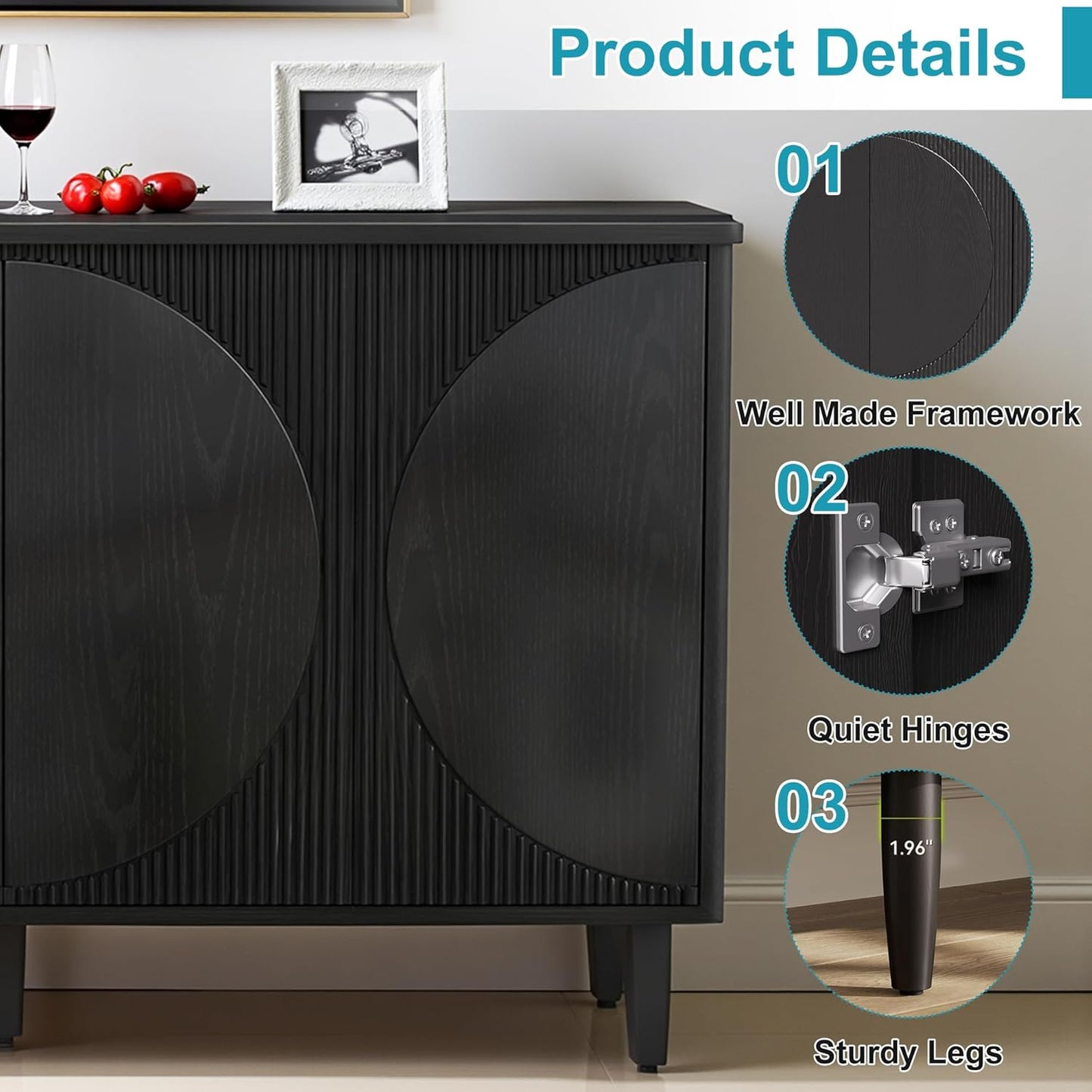 59.4" Sideboard Buffet Cabinet with Storage, Kitchen Buffet Storage Cabinet with Doors & Shelves, Modern Sideboard for Living Room, Kitchen, Hallway, Black