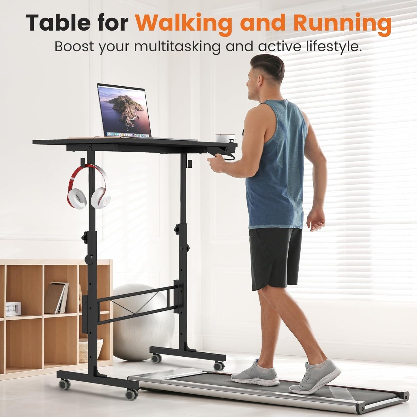 Hadulcet Small Standing Desk Adjustable Height, Mobile Stand Up Desk with Wheels, Portable Walking Pad Table Stand, Rolling Laptop Cart for Standing or Sitting, Black