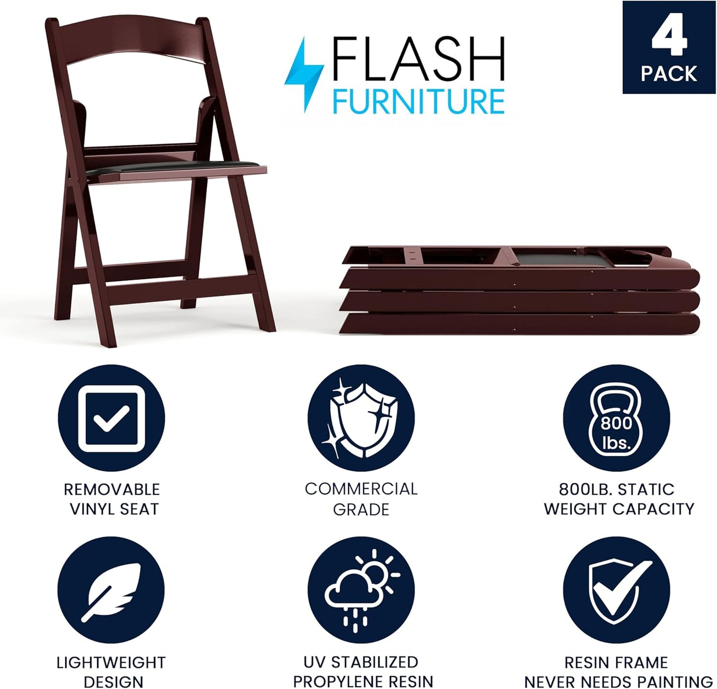 Flash Furniture Hercules Series Folding Chairs for Weddings and Formal Events, Stackable Commercial Event Seats with 1,000-lb. Static Weight Capacity, Set of 4, Red Mahogany