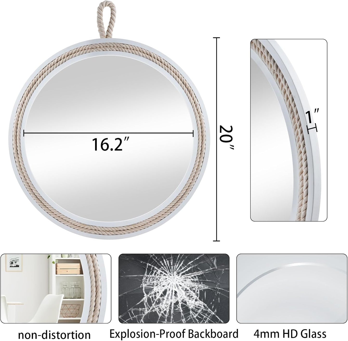 Nautical Round Wall Mirror with Rope 20'' White Circle Hanging Mirror Nursery Coastal Beachy Wall Mirror Decorative Mirror for Bathroom,Livingroom,Entryway-Nautical Theme Décor