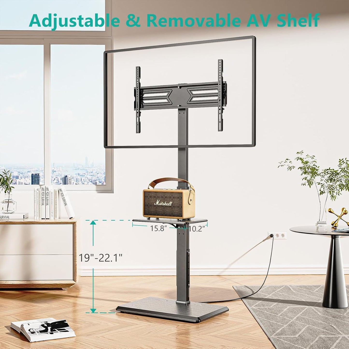 WALI Floor TV Stand with Power Outlet & AV Shelf, Tall TV Stand Mount for 32-75 inch TV up to 110 lbs, Swivel and Height Adjustable TV Stands with Wood Base for Bedroom, Office(TVDVD-6P), Black