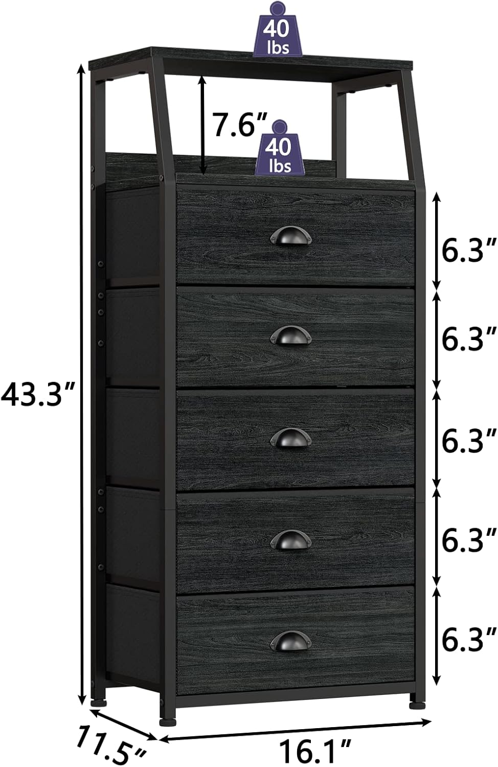 Furnulem Black Dresser with 5 Drawers, Vertical Storage Tower Fabric Dresser for Bedroom, Hallway, Entryway, Nursery, Closet Organizer, Nightstand Bedside Table Furniture, Sturdy Steel Frame, Wood Top