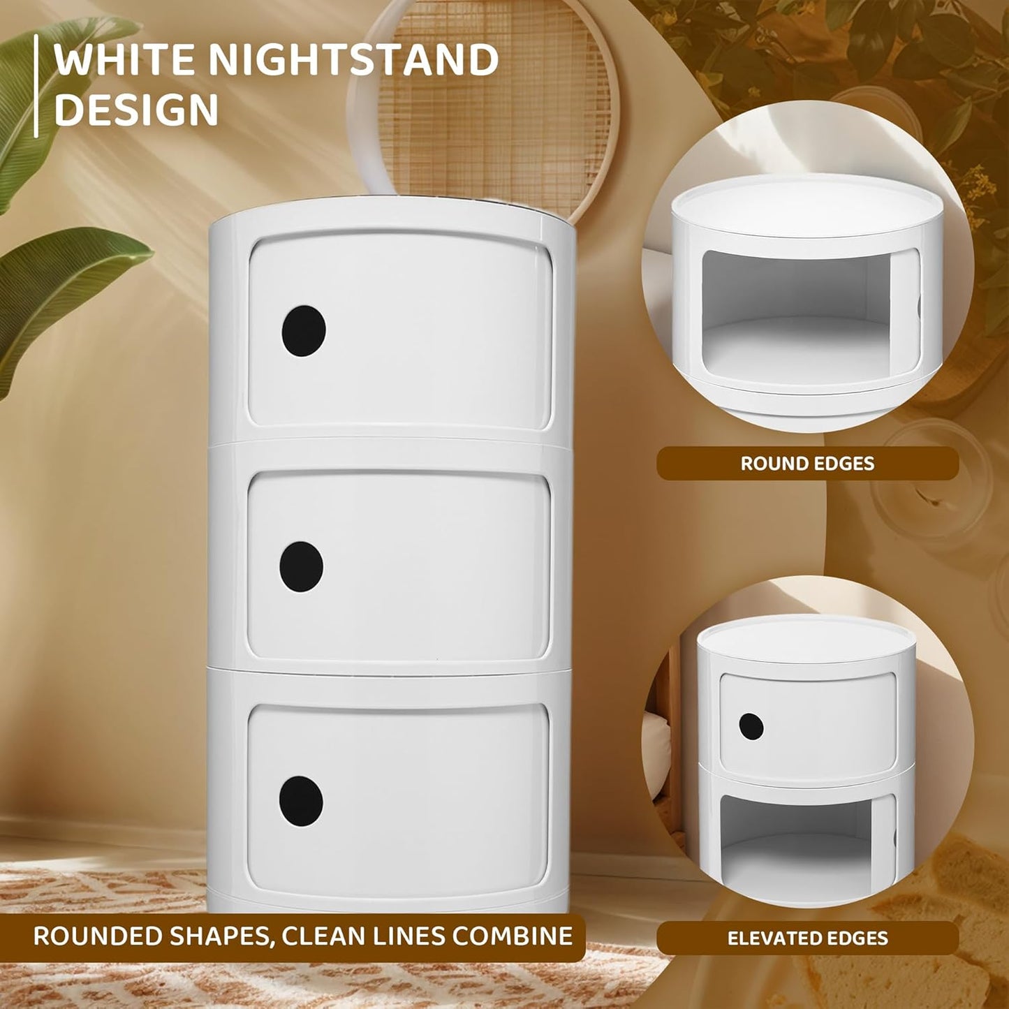 3 Tier Round with Storage, Modern Style Side Table, Multifunctional End Table Storage Cabinet for Living Room, Bedroom, Bathroom (White)