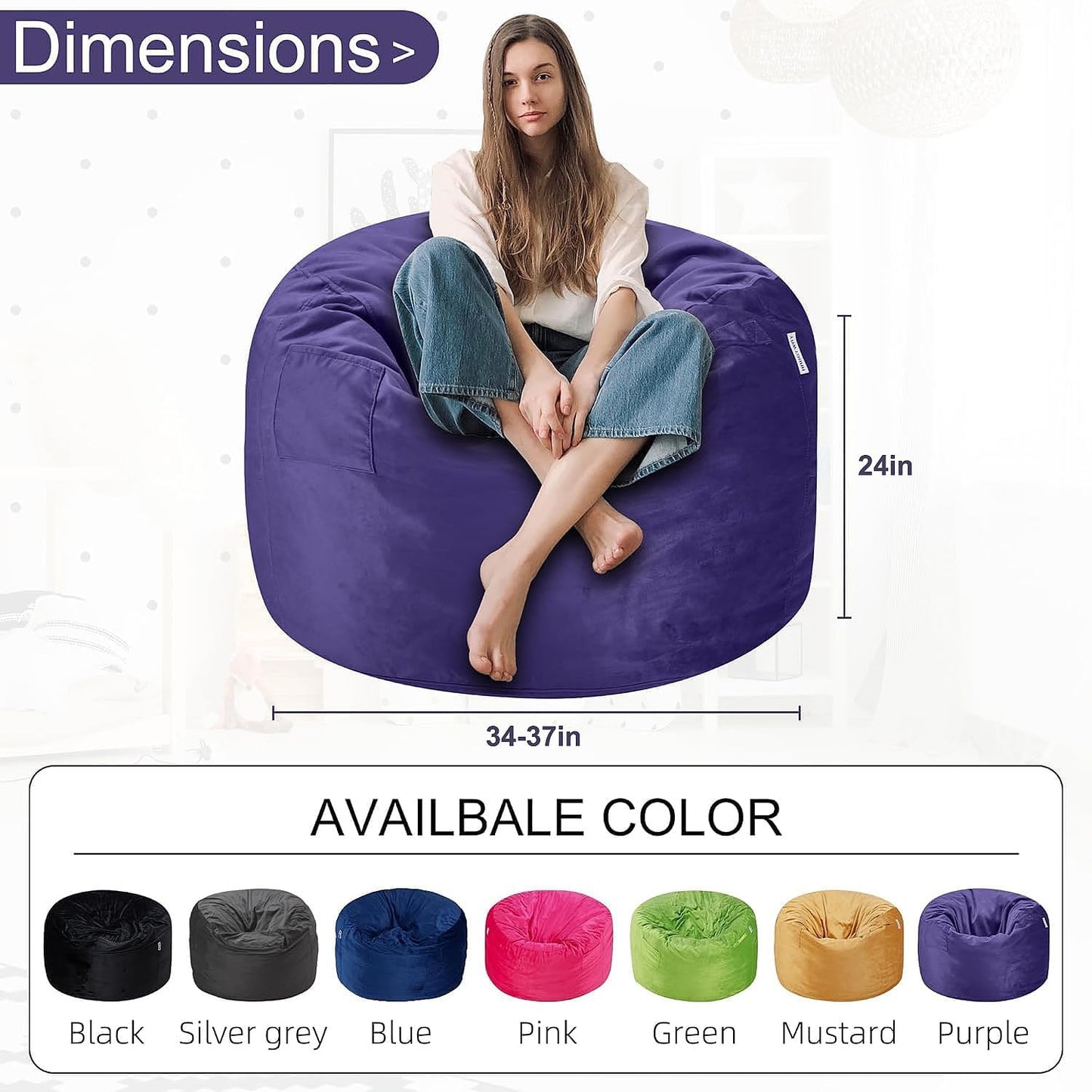 HABUTWAY Bean Bag Chair 3Ft Luxurious Velvet Ultra Soft Fur with High Rebound Memory Foam Bean Bag Chairs for Adults Plush Lazy Sofa with Fluffy Removable Sponge 3' (Purple)