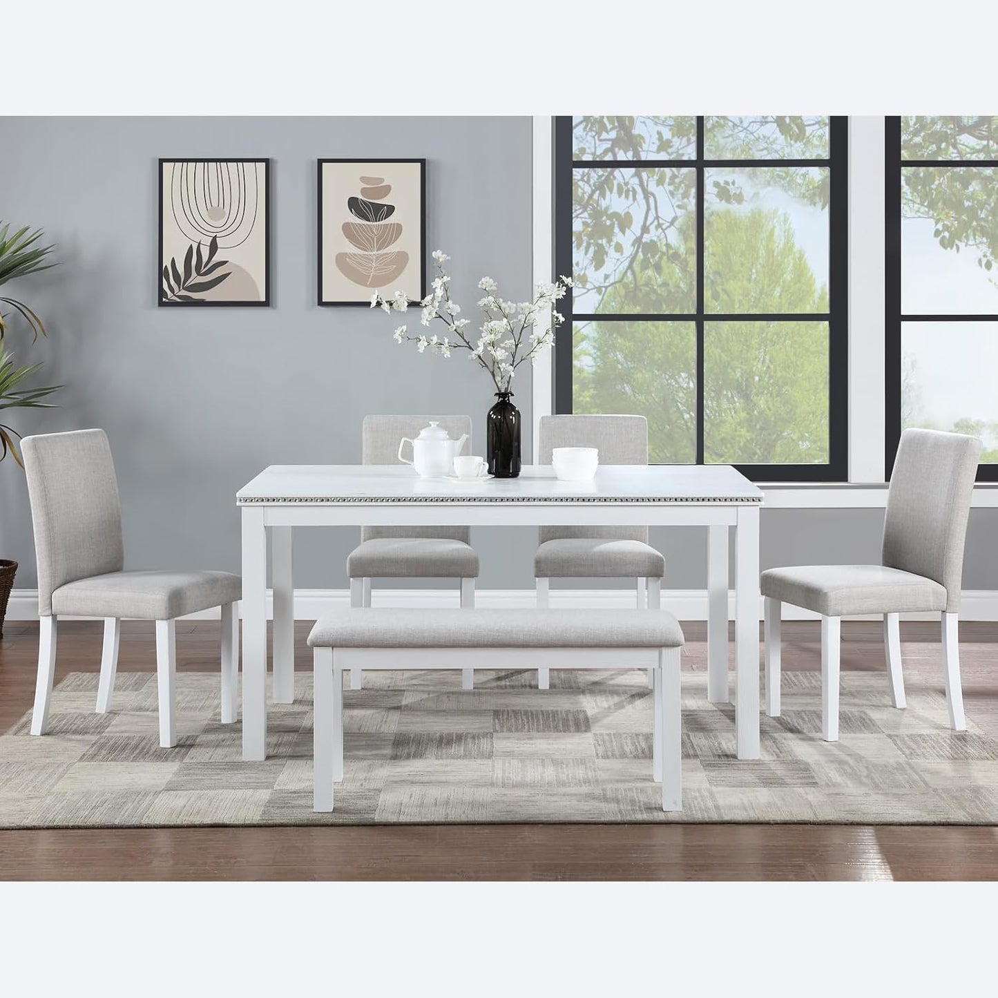 soges 6 Piece Wooden Dining Table Set, Dining Room Table with 4 Upholstered Chairs and Bench, Rectangular 6-Person Kitchen Dining Table Set with Crystal Decoration, White