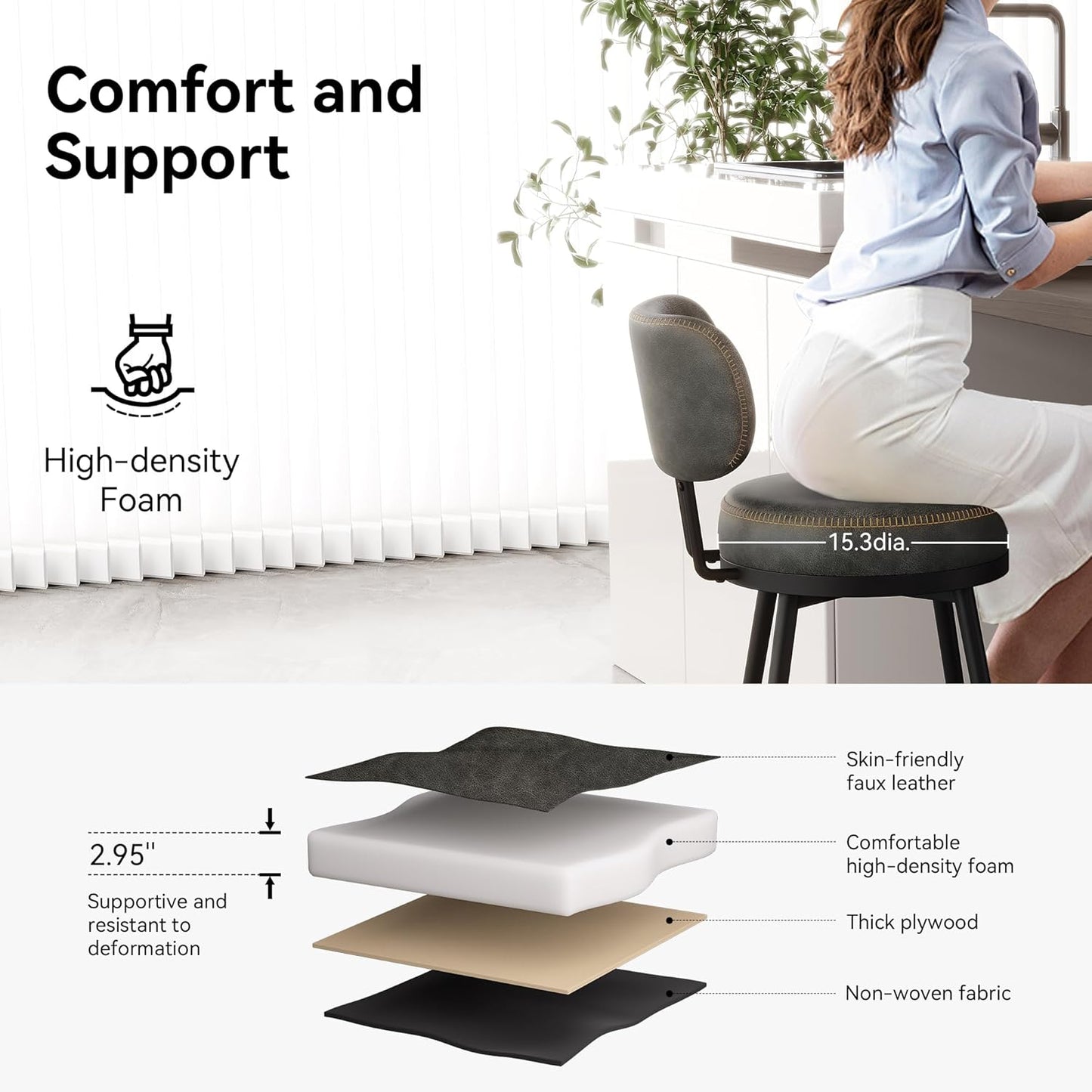 Counter Height Bar Stools, 26" H Swivel Barstools Set of 8, Faux Leather Kitchen Counter Stools with Back and Stylish Stitching, Metal Frame, Pub, Home Bar, Black Grey