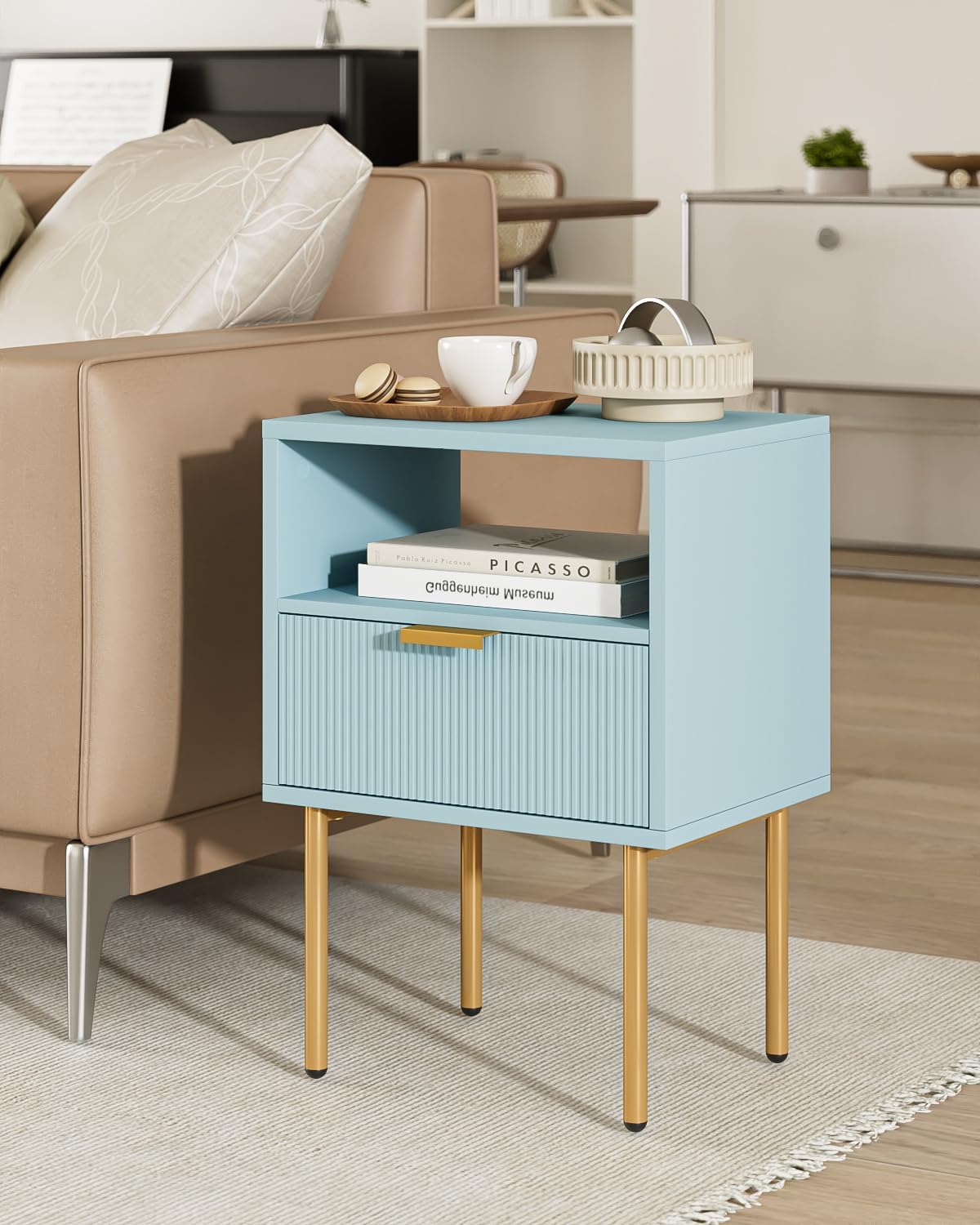 Nightstand,Morden Bedside Table with Gold Frame,Small White Night Stand,End Table,Bedside Furniture,Side Table with Drawer and Shelf for Bedroom,Living Room (1Drawer, Blue)