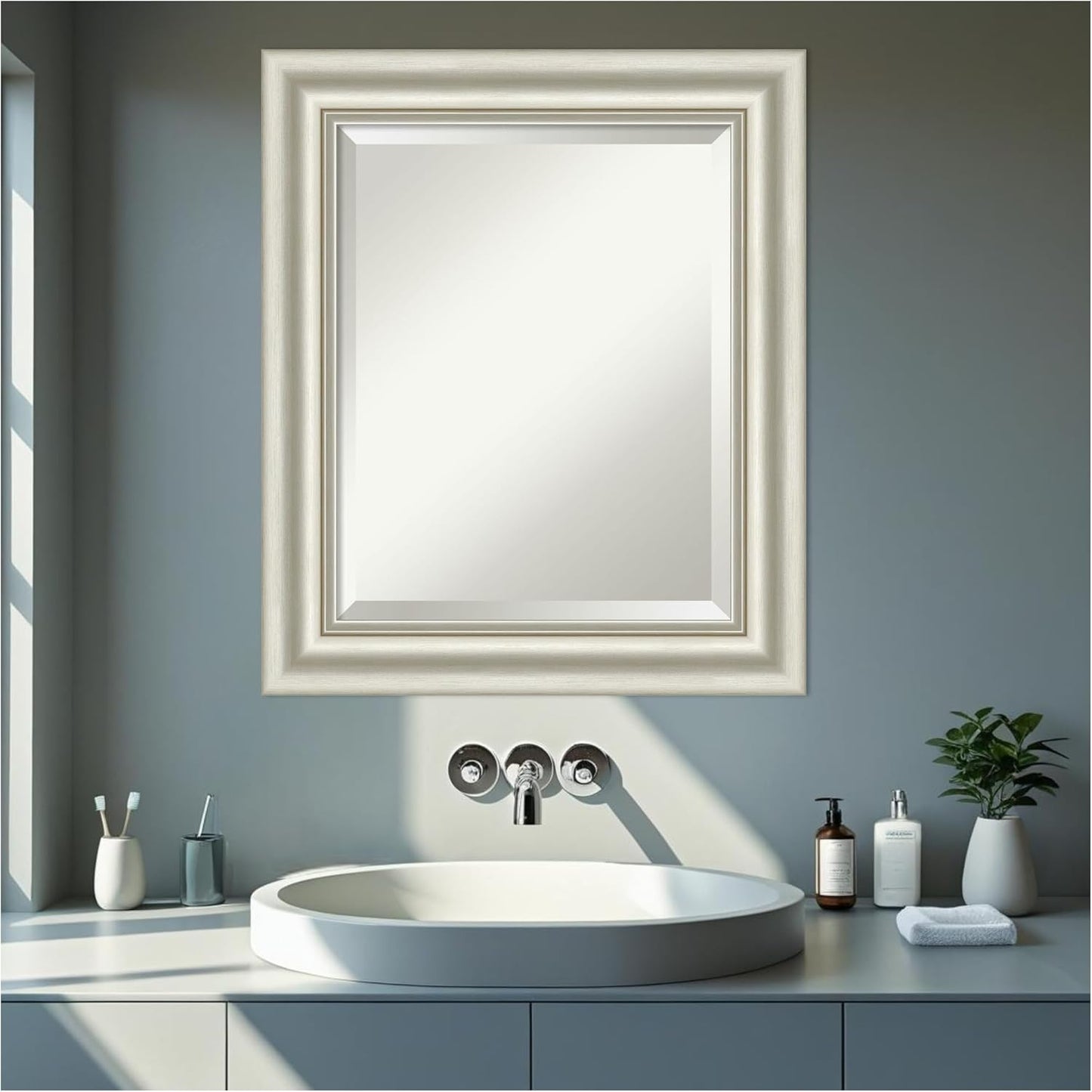 Amanti Art Bathroom Mirror for Over Sink, 26x22 Sophia Silver Rectangle Vanity Mirror, Small Traditional Frame, Hangs Horizonally and Vertically, Bathroom Wall Decor, Beveled Edge