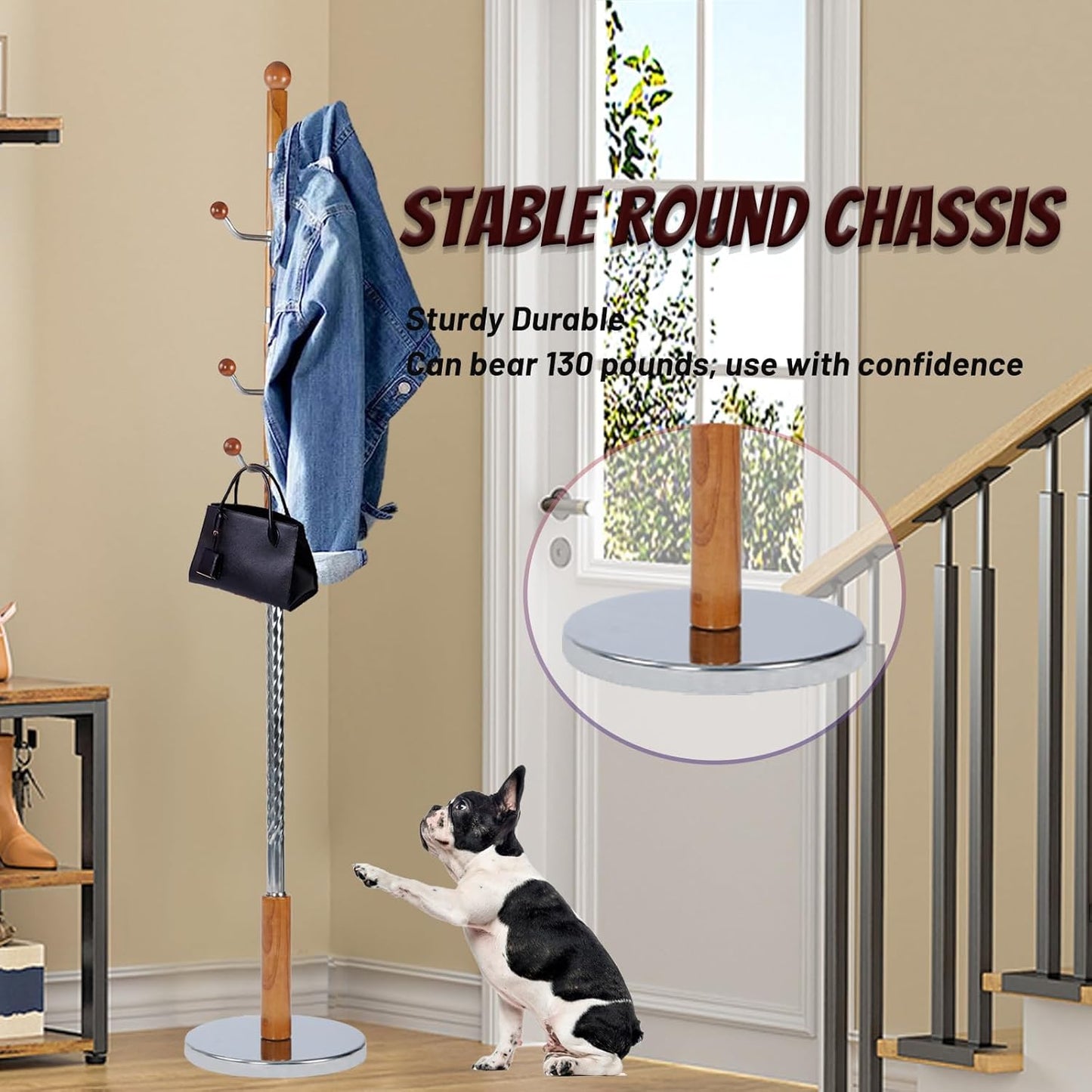 68 in Wood Coat Rack, Coat Rack Freestanding with Stable Round Base, Adjustable Height Tree Coat Racks Stand for Home Bedroom Office Hallway Entryway (Solid Wood Metal Hook)