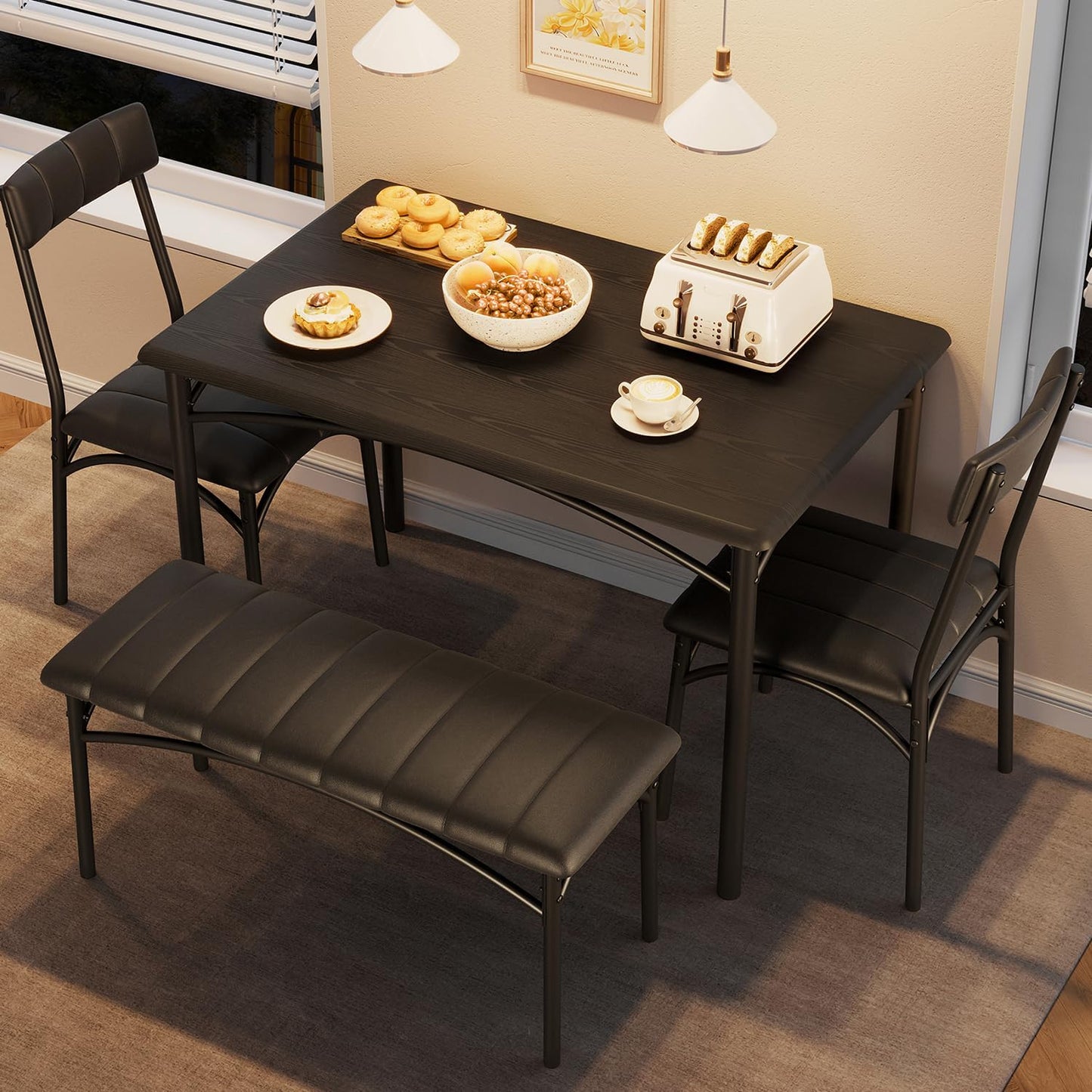 Dining Table Set for 4, Small Dining Table Set with Upholstered Bench and 2 Chairs, Kitchen Table and Chairs for 4, for Small Space, Apartment, Dinner, Rustic Black