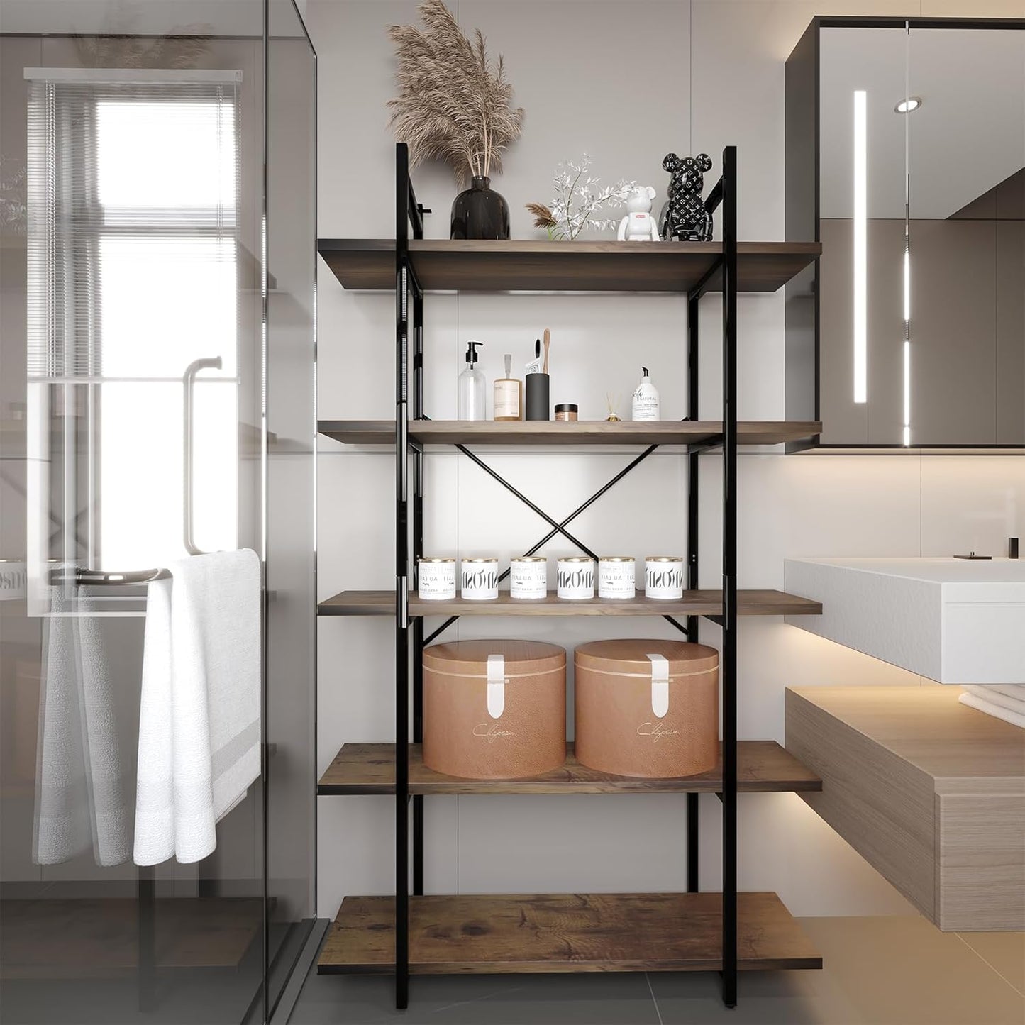 5 Tiers Bookshelf Organizer Industrial Shelf,Modern Open Display Storage Bookcase,Rustic Brown and Metal Bookshelf Standing Storage Shelf Tall Shelving Units for Home Office Study.