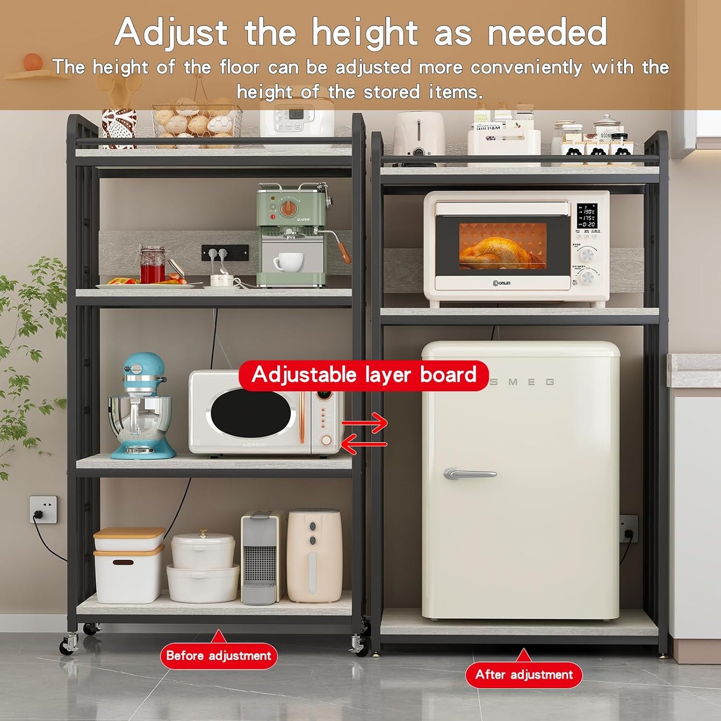 Adjustable 4-Tier Heavy Duty Kitchen Baker's Rack with Power Outlet, with Industrial Wheels, Free Standing Microwave Oven Cart Stand for Storage in Living Room, Garage, Greige