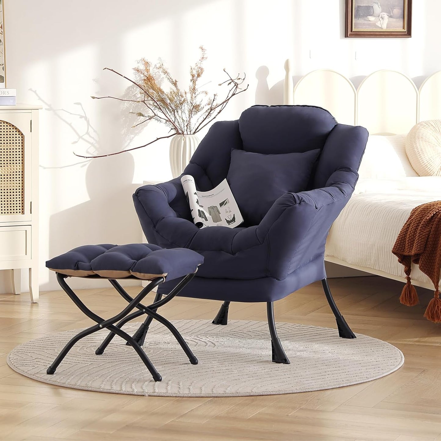 Large Lazy Chair with Ottoman, Accent Reading Chair with a Throw Pillow, Cozy Lounge Chair with Armrest, Leisure Sofa Chair for Living Room, Bedroom, Dorm, Peach Navy