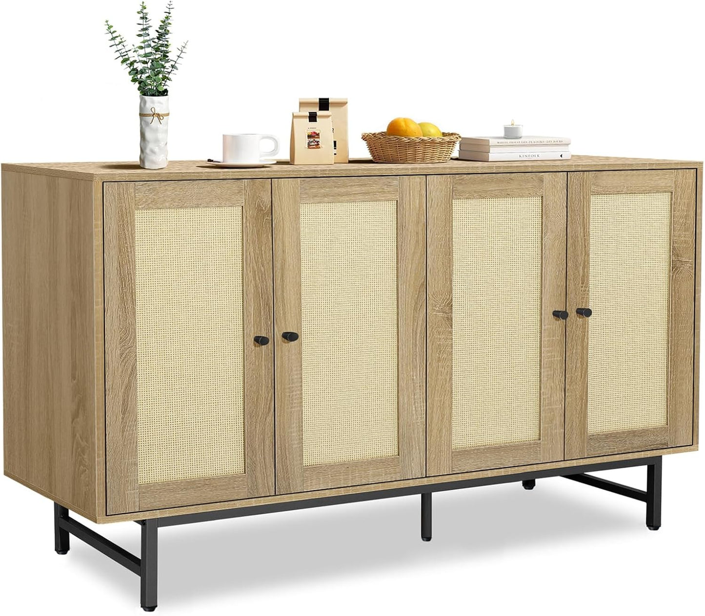 Sideboard Buffets Cabinet with 4 Rattan Doors, Large Storage Accent Cabinet Credenzas Modern Console Table for Living Room, Kitchen (Natural)