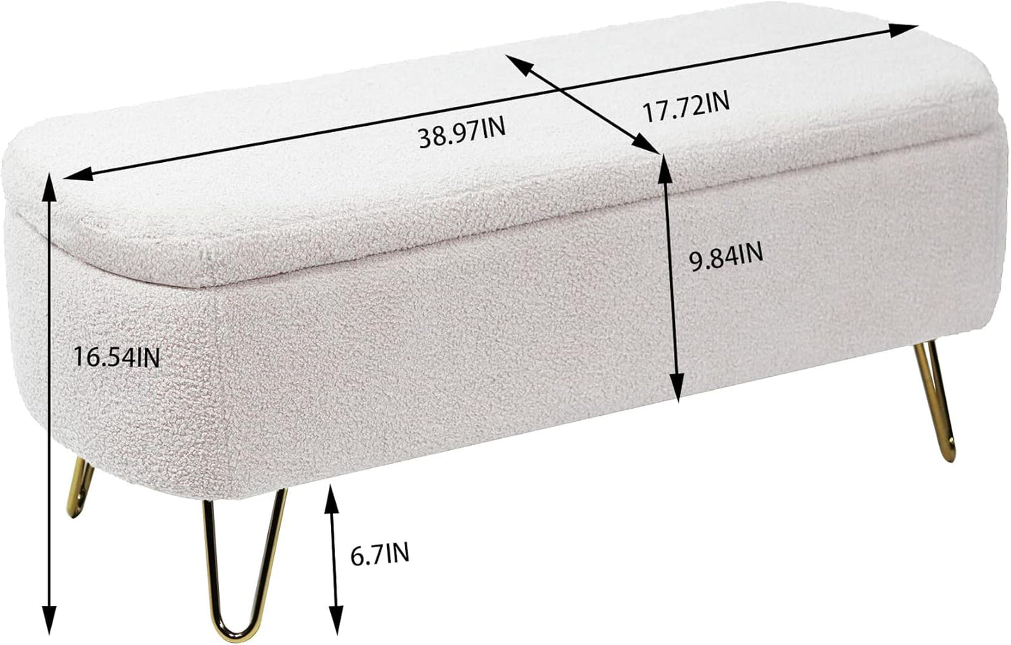 Storage Ottoman for End of Bed with Gold Legs, Modern Faux Fur Entryway Bench,for Living Room，Bedroom，End of Bed,Ivory White