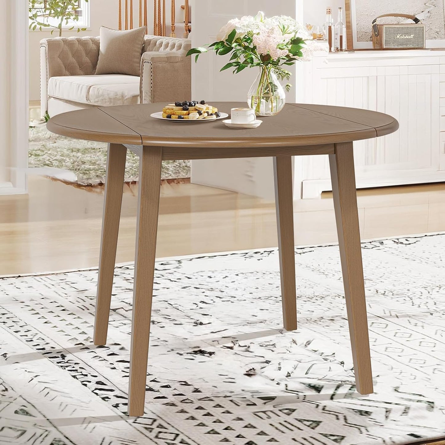 COLAMY 5-Piece Extendable Dining Table Set for 4, 36" Kitchen Round Wood Table with 4 Wooden Dining Room Chairs,Light Brown/Beige