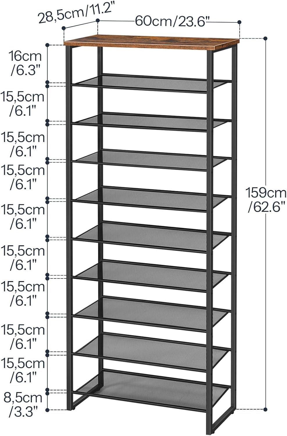 HOOBRO 10-Tier Shoe Rack, 23.6" L Shoe Storage Organizer, Large Capacity Shoe Shelf for Front Door Entrance, Entryway, Hallway, Holds 27-30 Pairs of Shoes, Closet, Rustic Brown BF601XJ01