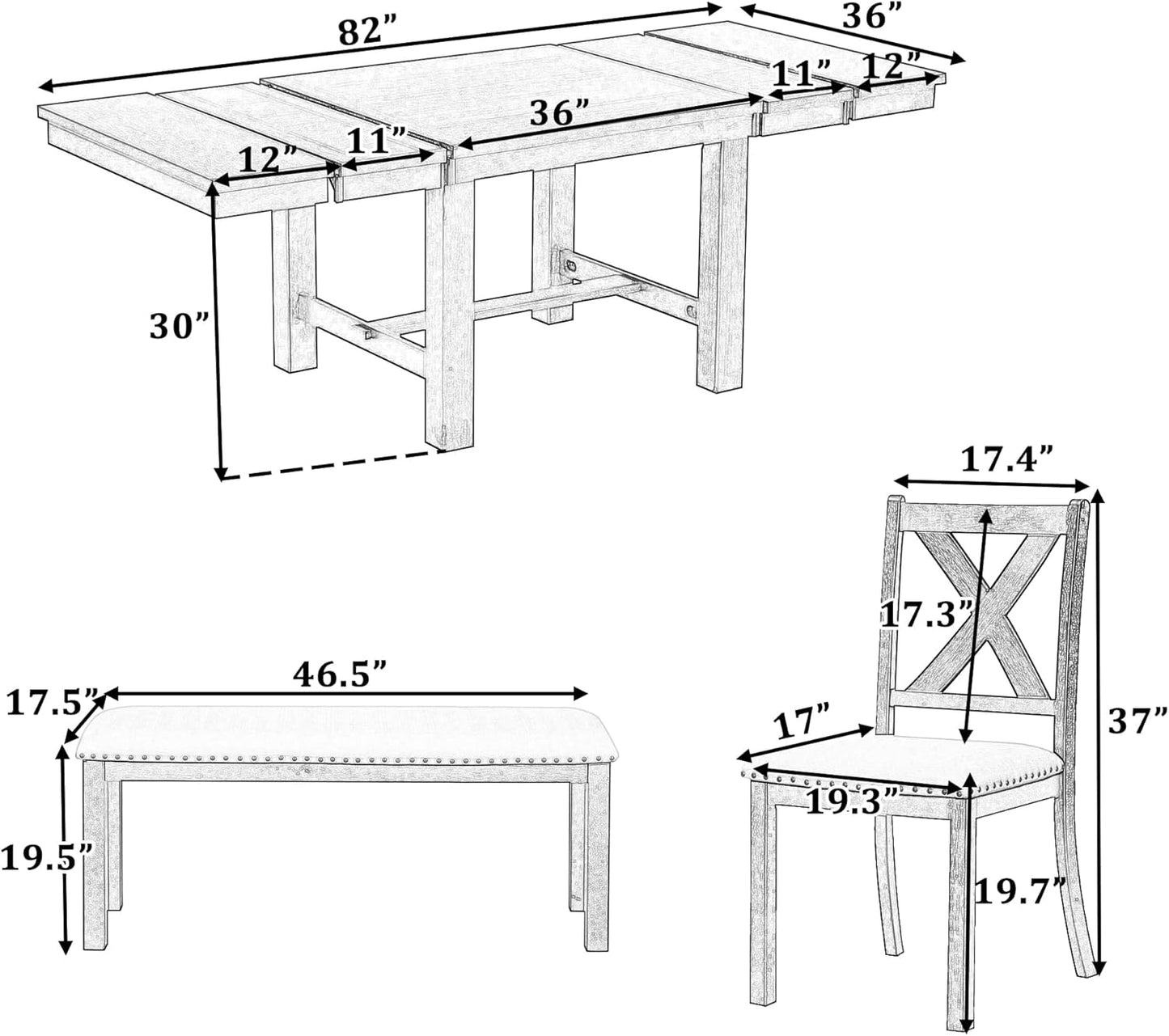Ball & Cast Farmhouse 6 Piece Extendable Dining Table with Footrest,Living Room Furniture w/ 4 Upholstered Dining Chairs & Dining Bench,2 11" Removable Leaf,for Dining Room & Kitchen,Black+Beige