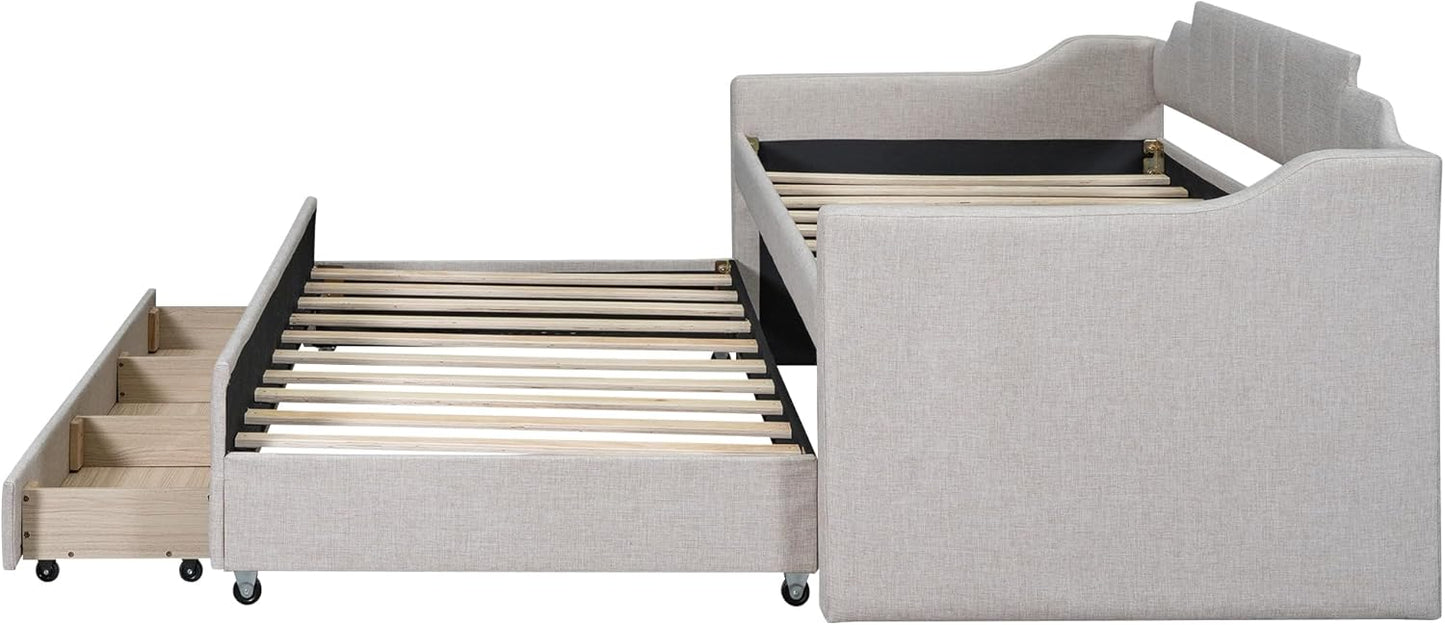 Twin Size Upholstered Daybed with Trundle and Three Lower Drawers,Linen Sofa Bed for Apartment Living Room Guest Room,Solid Wood Trundle Day Bed Frame, No Box Spring Needed,Beige