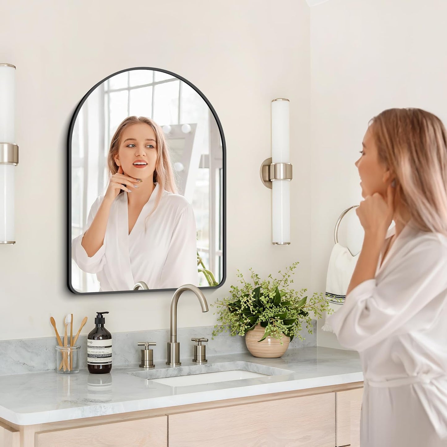 GLASHOM 20"x28" Black Arched Mirror for Bathroom, Wall Mounted Mirror, Aluminum Alloy Brushed Framed Wall Mirror, Anti-Rust, Large Mirror for Over Sink, Bedroom, Entryway Vertically Hanging