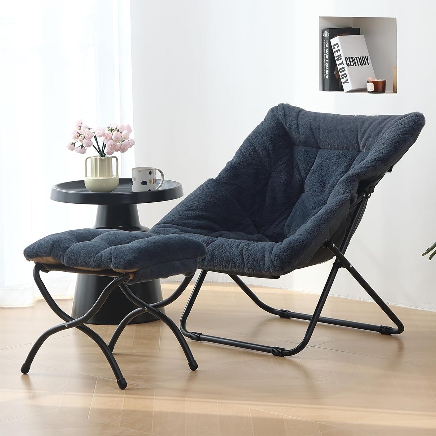 Saucer Chair with Ottoman, Comfy Doorm Chairs, Oversized Folding Faux Fur Chair, Foldable Metal Frame Chair for Bedroom, Living Room(Navy Blue)