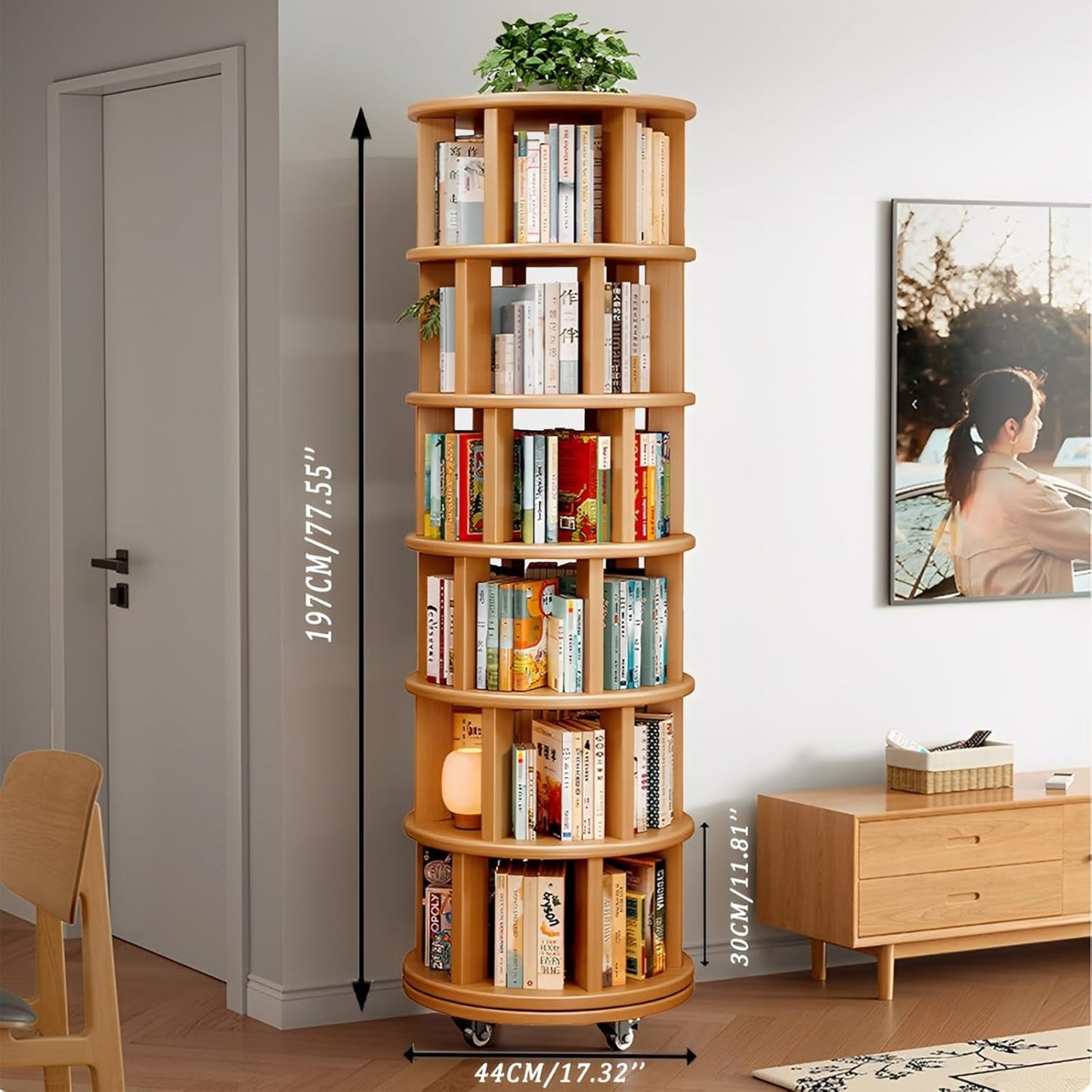 Wood Rotating Bookshelf on Wheels, 360-Degree Space Saving Bookcase, Large Capacity Spinning Bookshelf Tower for Living Room,Bedroom and Corners (Nature-6 Layers)
