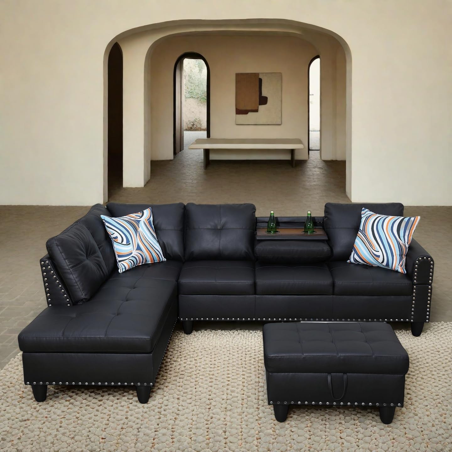 97" L Shaped Sectional Couch with Cup Holder, Modern 4 Seat Modular Sectional Sofa with Storage Ottoman, Living Room Sets for Small Spaces, Apartment, Faux Leather, Black