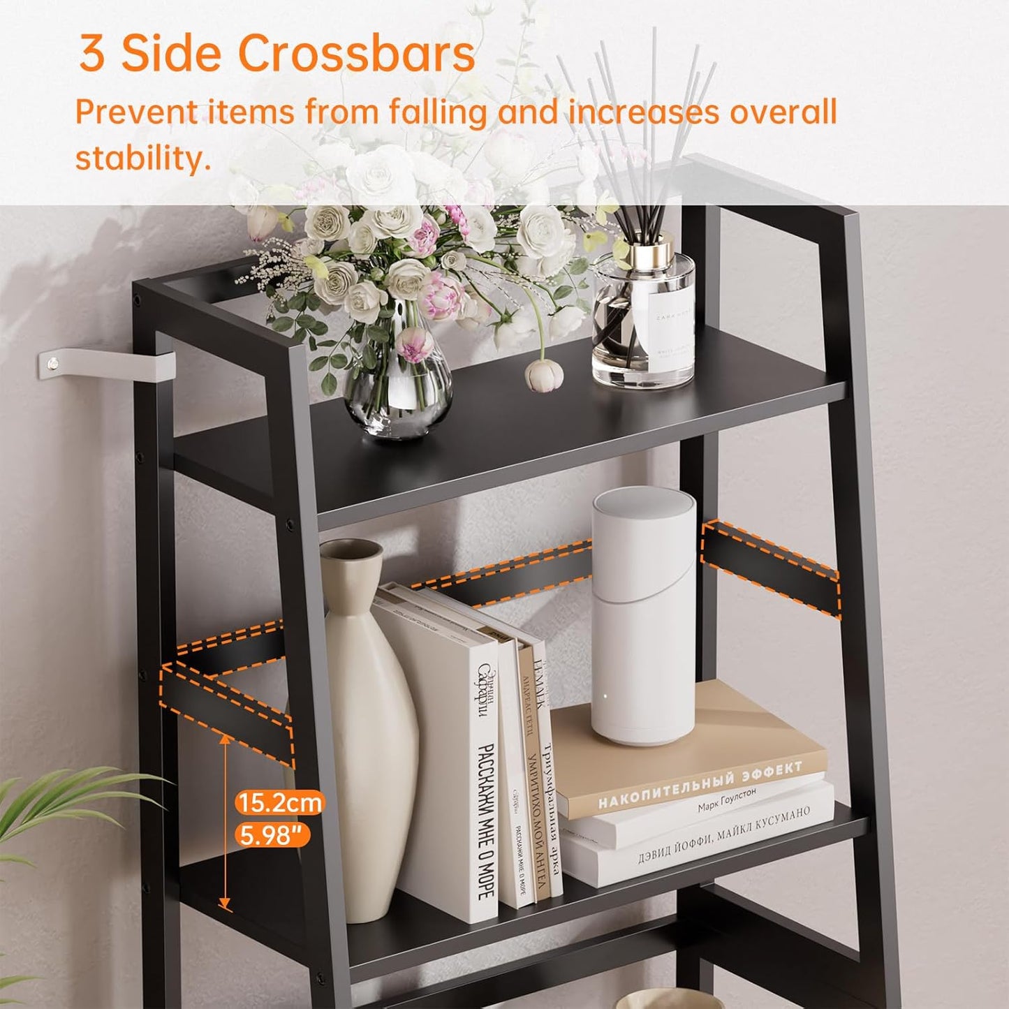 HITNET Ladder Shelf Black, 4-Tier Bookshelf, Freestanding Bathroom Storage Rack with Bamboo Frame, Plant Display Stand for Living Room, Kitchen, Home Office