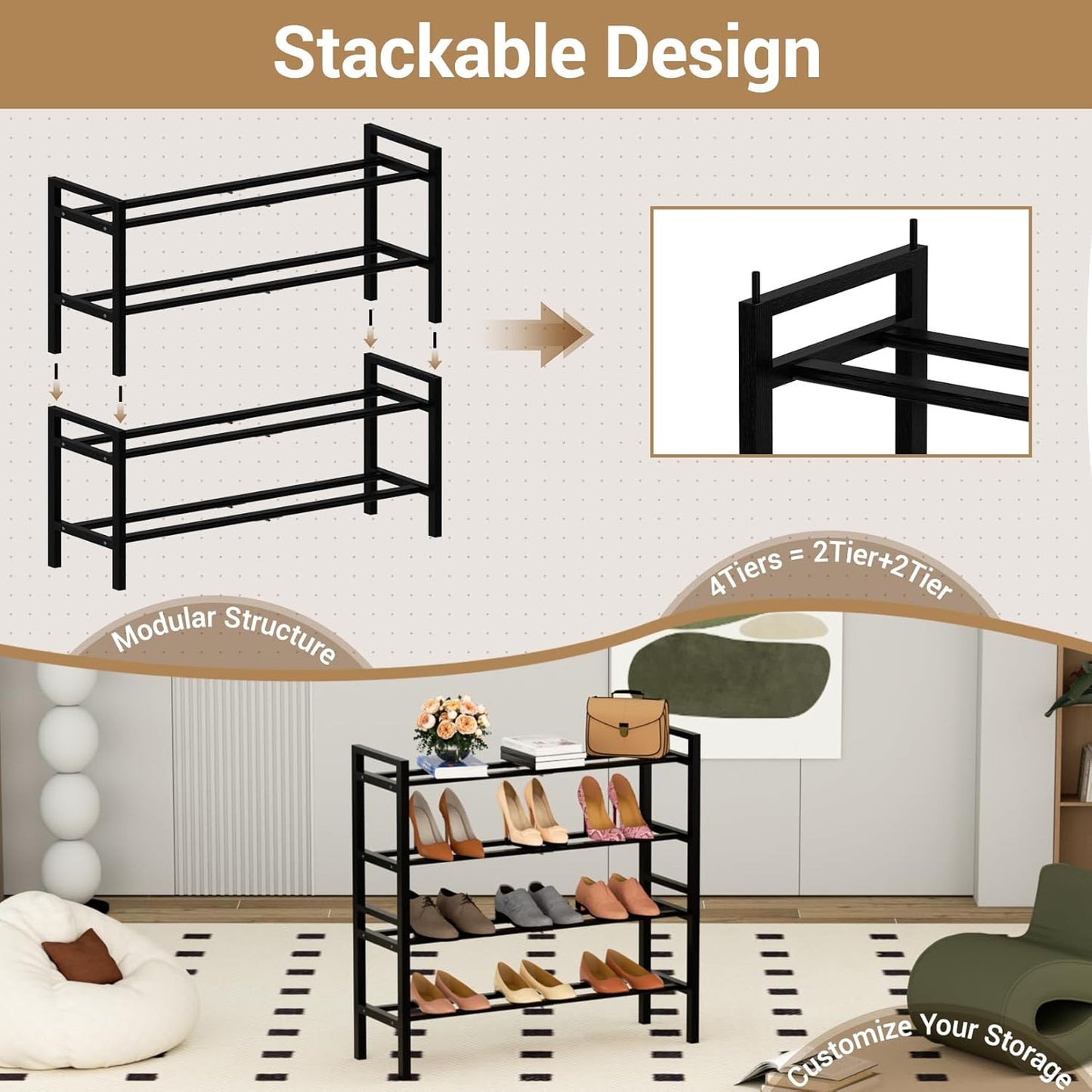 Haddockway Bamboo Shoe Rack for Closet, Free Standing Shoe Organizer with Smooth Round Rods & Convenient Handles, Stackable Shoe Storage Shelf for Entryway, Hallway(Black, 4-Tier)