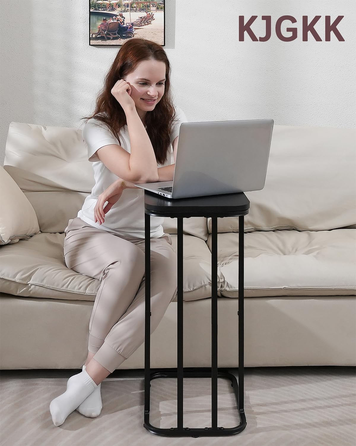 C Shaped End Table, 27 Inches High Small Side Table for Sofa and Bed, Couch Table That Slides Under, Tall Tv Tray Table for Living Room, Bedroom, Metal Frame, Ebony Black