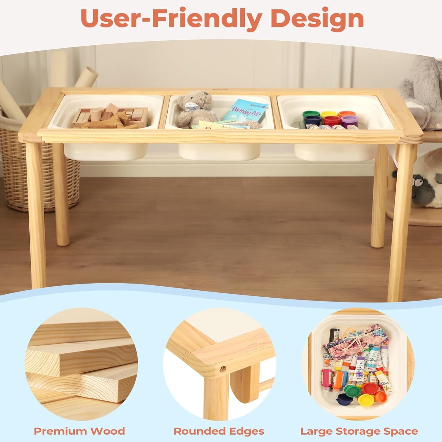 Sensory Table for Toddlers with 3 Storage Bins, Wooden Activity Table with Double-Sided Boards, Sand and Water Play, Indoor & Outdoor Use