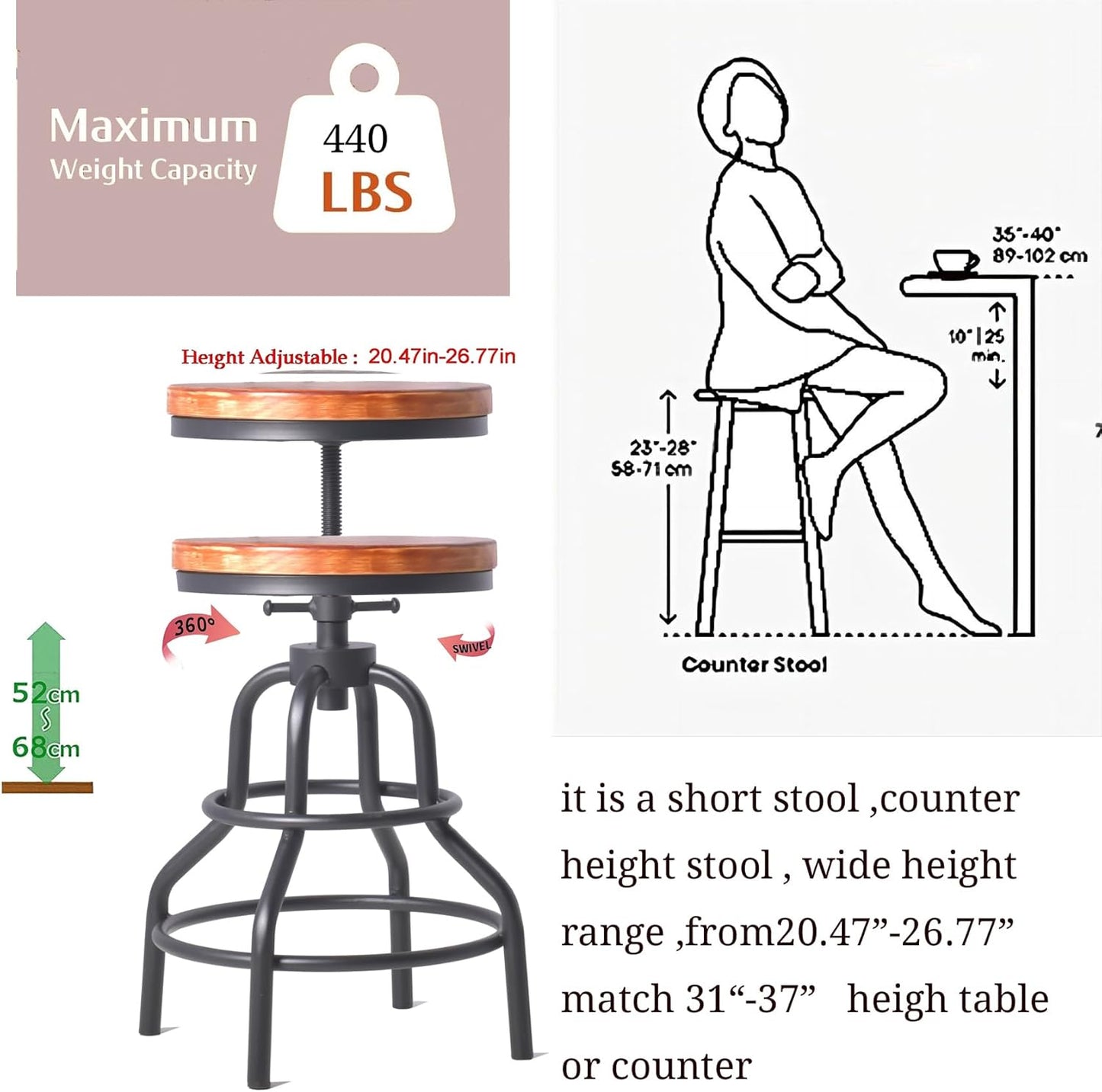 Diwhy Industrial Vintage Counter Stool, Kitchen Counter Height Adjustable Swivel Chair, Metal Frame Stool, 20.47-26.77 Inch, Fully Welded Base, Set of 2